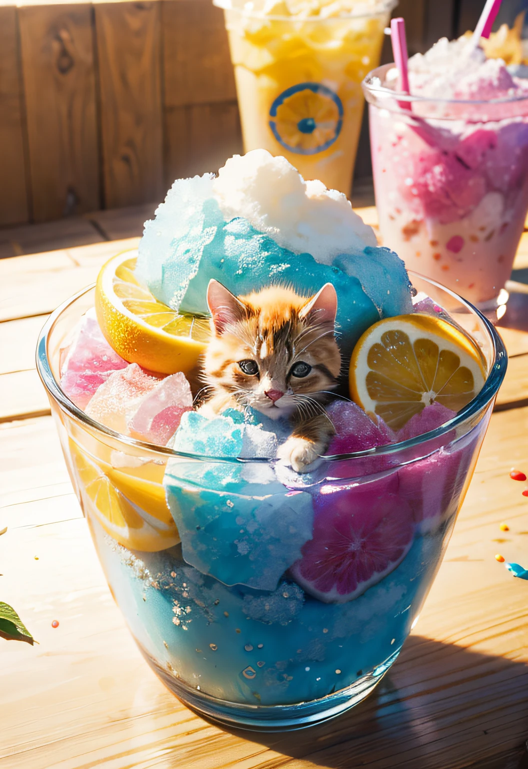 masterpiece、top-quality、top-quality、Colorful cute kitten design with illustration、Eat shaved ice、ighly detailed、colourfull、highestdetailed、Wide range of shots、gorgeous colors、grains of sugar、kirakira、Colorful colors of bright ice、Image-like backgrounds、Fun bright atmosphere、Colorful fruits flying around shaved ice