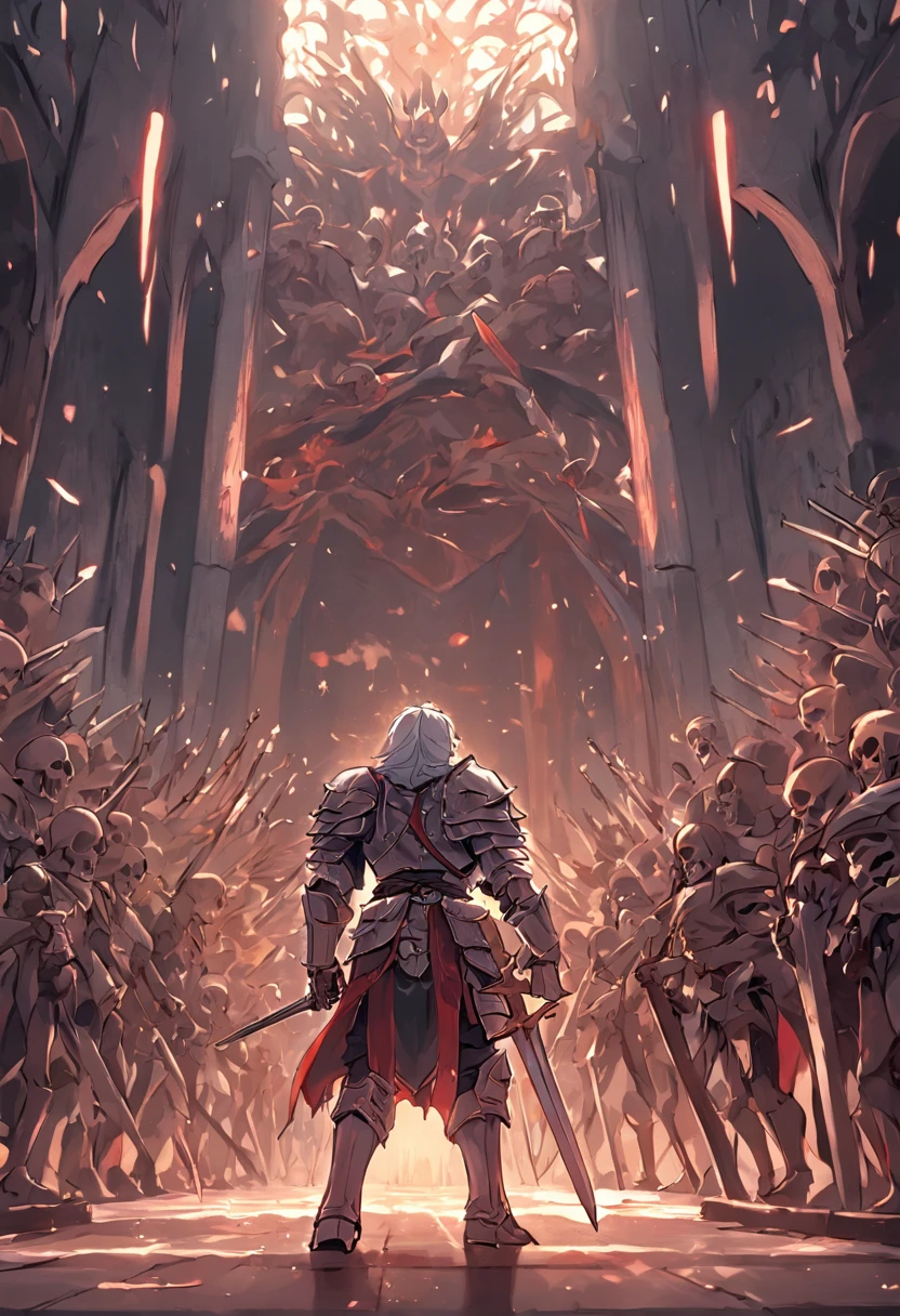 A knight in metal armor fighting an army of skeletons in a dark castle corridor.