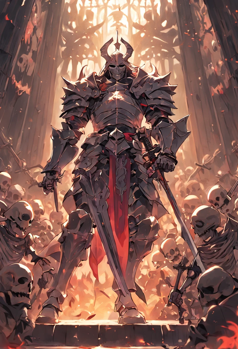 A knight in metal armor fighting an army of skeletons in a dark castle corridor.