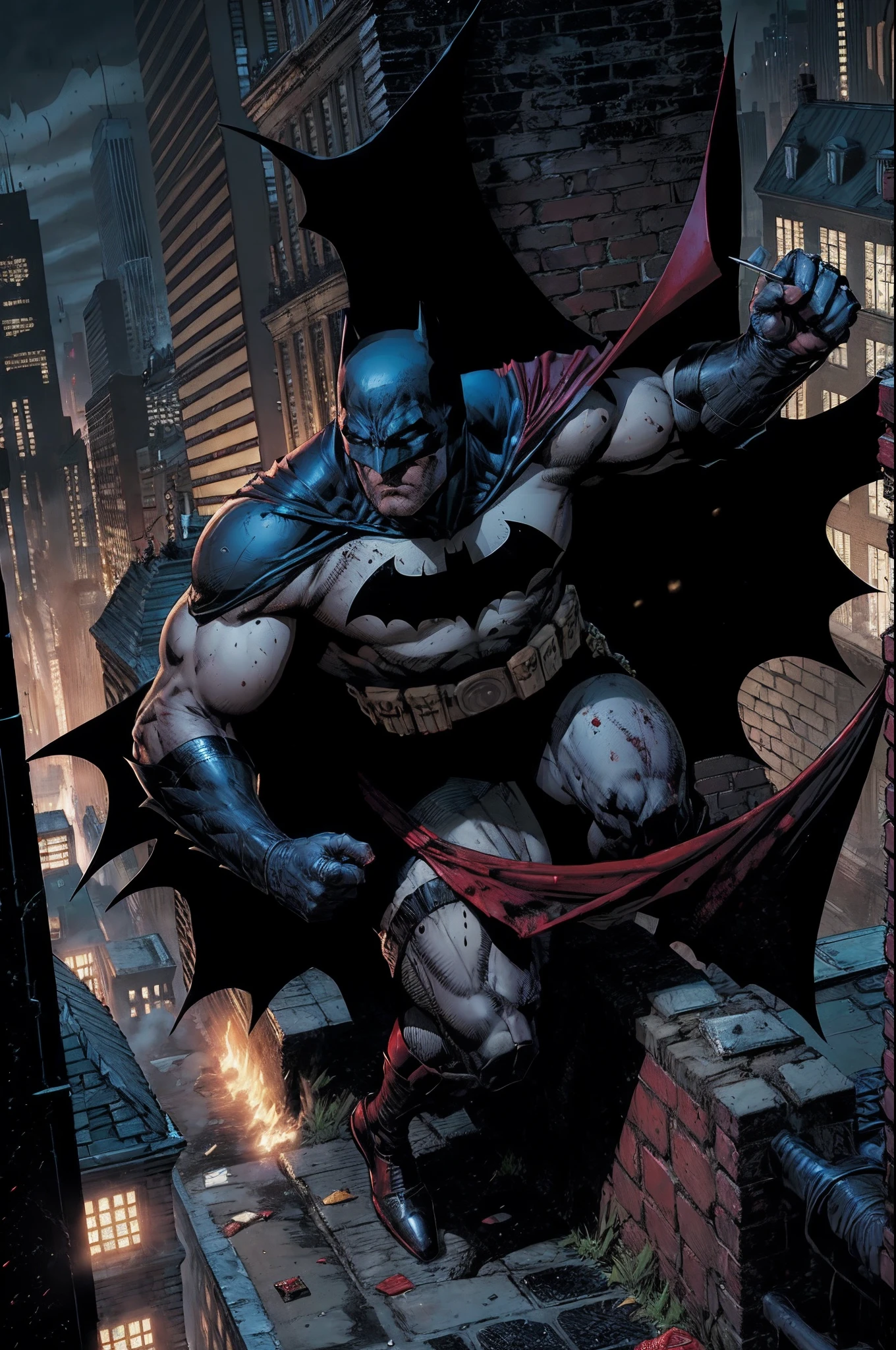 Batman was on the streets of Gotham City when he saw blood on the ground. He followed the trail of blood and found a group of criminals who had just robbed a bank. Batman fought them and managed to capture them all. He then called the police to come and take them away.