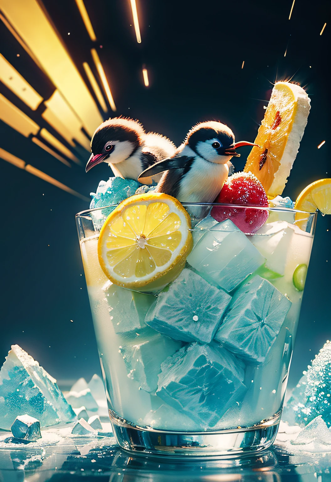 masterpiece、top-quality、top-quality、Colorful cute penguin design with illustrations、Eat shaved ice、ighly detailed、colourfull、highestdetailed、Wide range of shots、gorgeous colors、grains of sugar、kirakira、Colorful colors of bright ice、Image-like backgrounds、Fun bright atmosphere、Colorful fruits flying around shaved ice