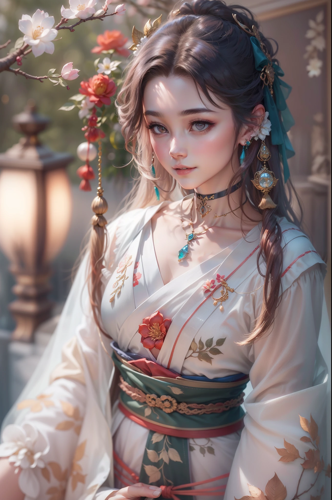 Best quality at best,tmasterpiece,A high resolution,1girl,Transparent silk porcelain dress,beautiful face,hair adornments,looking at viewert,ssmile,closing the mouth,Small lips,Hanfu,hair adornments,choker necklace,jewely,Red long-haired,耳Nipple Ring,beautiful face,upon body,dingdall effect,真实感,dark studio,edge lit,twotonelighting,(highdetailskin:1.2),8k uhd,digital SLR camera,softlighting,high qulity,Volumetriclighting,sneak shot,photore,A high resolution,4k,8k,Background bokeh