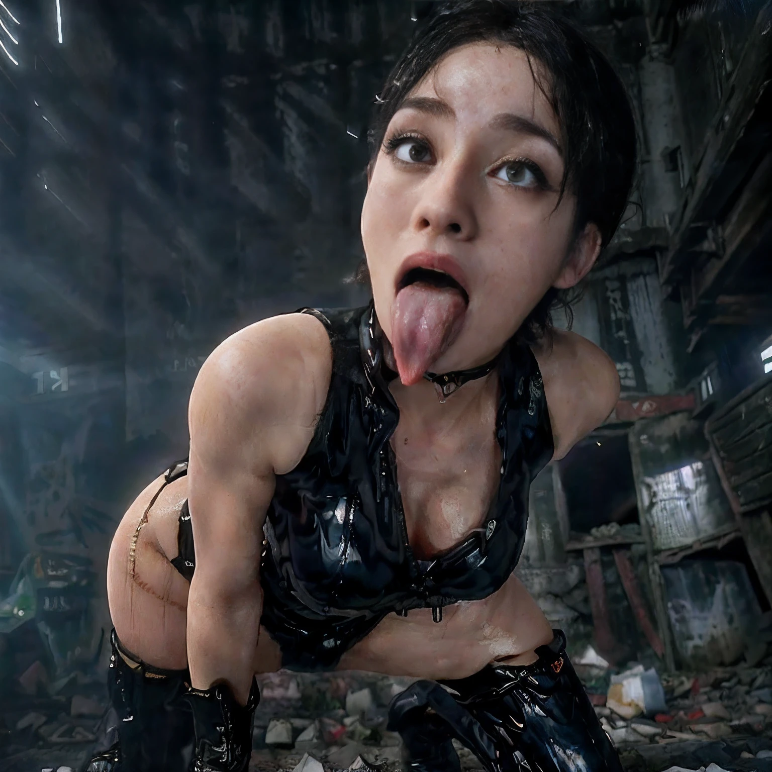 (masterpiece:1.3, Best Quality:1.3, High resolution:1.5, 32K HDR:1.5), (Perfect portrait of the Trinity00:1.85, Short hair, full nude:1.8, long boots:1.15, Perfect Anatomy:1.1), (Ultra detailed eyes:1.15, hyper derailed face:1.3, Perfect slim body style, Detailed mouth:1.1, Detailed skin texture:1.4), (Atmospheric lighting), Shot with Aricum LT camera, (In an abandoned barn:1.2, ultra gigantic tits:1.55), (squatting and opening legs:1.35, yawn and closed eyes face:1.99, Tongue out:1.85, Ahegao:1.55, Dark atmosphere:1.35), full body shot,