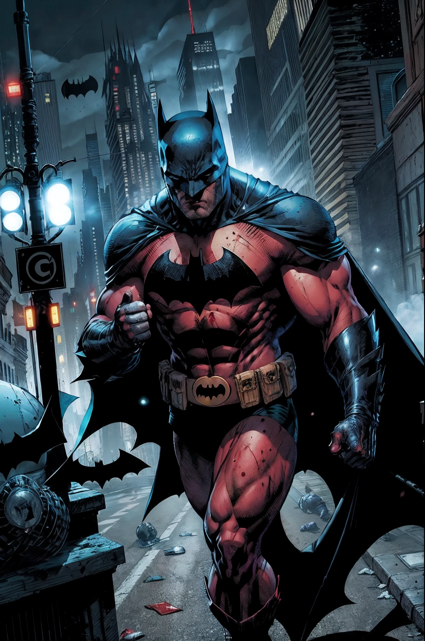 Batman was on the streets of Gotham City when he saw blood on the ground. He followed the trail of blood and found a group of criminals who had just robbed a bank. Batman fought them and managed to capture them all. He then called the police to come and take them away.