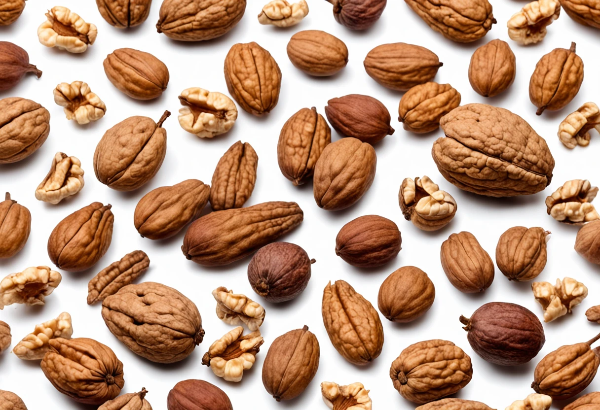 There are several walnuts and walnut flesh on a white background, Half a walnut plucked