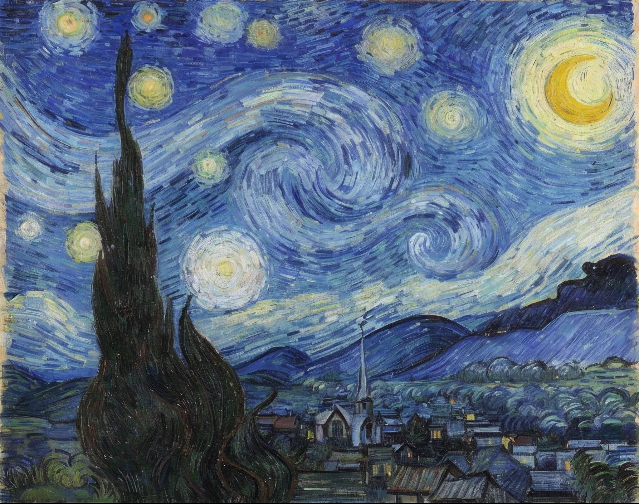 uma pintura de uma noite estrelada Com uma igreja ao longe, Noite estrelada, A Noite Estrelada, Directed by: Van Gogh, Pintura de Van Gogh, Na Noite Estrelada, Noite estrelada!!!!!!!!!!!!!!!!!!!!, VinCent van Gogh pintura, Directed by: VinCent van Gogh, Estilo de arte Van Gogh, Estilo de Van Gogh Starry Night, por Gogh, Van Gogh e M. C. EsCher