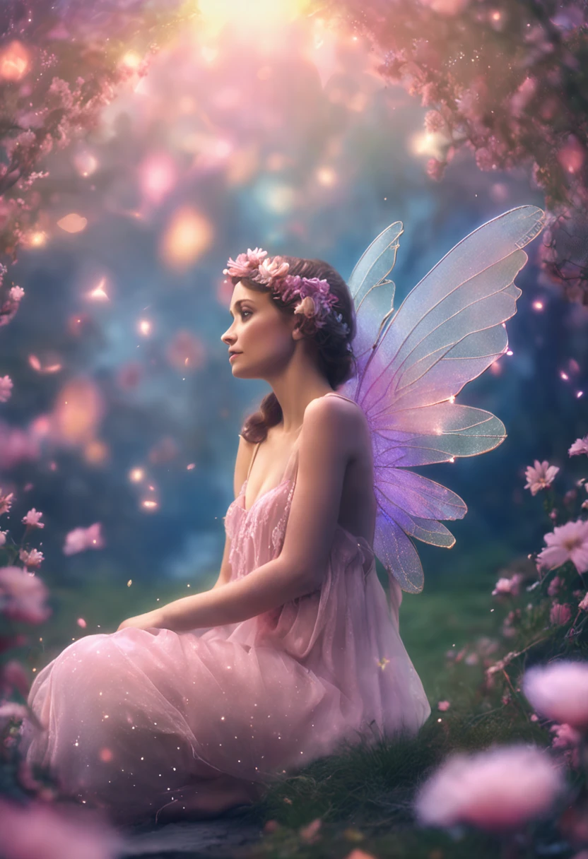 faery, Flowers, Sits, fairy wings, fairytale, phantasy, soft light, radiance,, Pastel colors, the night, clouds, the stars