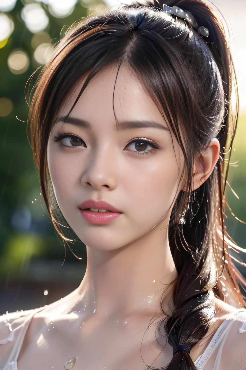 (in 8K、Raw photography、top-quality、masterpiece:1.2)、(realisitic、Photorealsitic:1.37)、1girl in、japanes、femele、((Detailed face))、Detailed lips、(A detailed eye)、((More skin))、((Wet Komono))、(Small :1.3)、(cammel toe)、perfectbody、(Wet body:1.2)、shinny skin、((dark brown hair、detailed tits:1.3))、(natural soft light、Wasteland:1.grass field)、((the morning sun))、(Highly detailed facial and skin texture)、((Ponytail))、(bangss)、(splash water)、((under the rain))、(length hair)、((Upward perspective))、crystal-clear water、