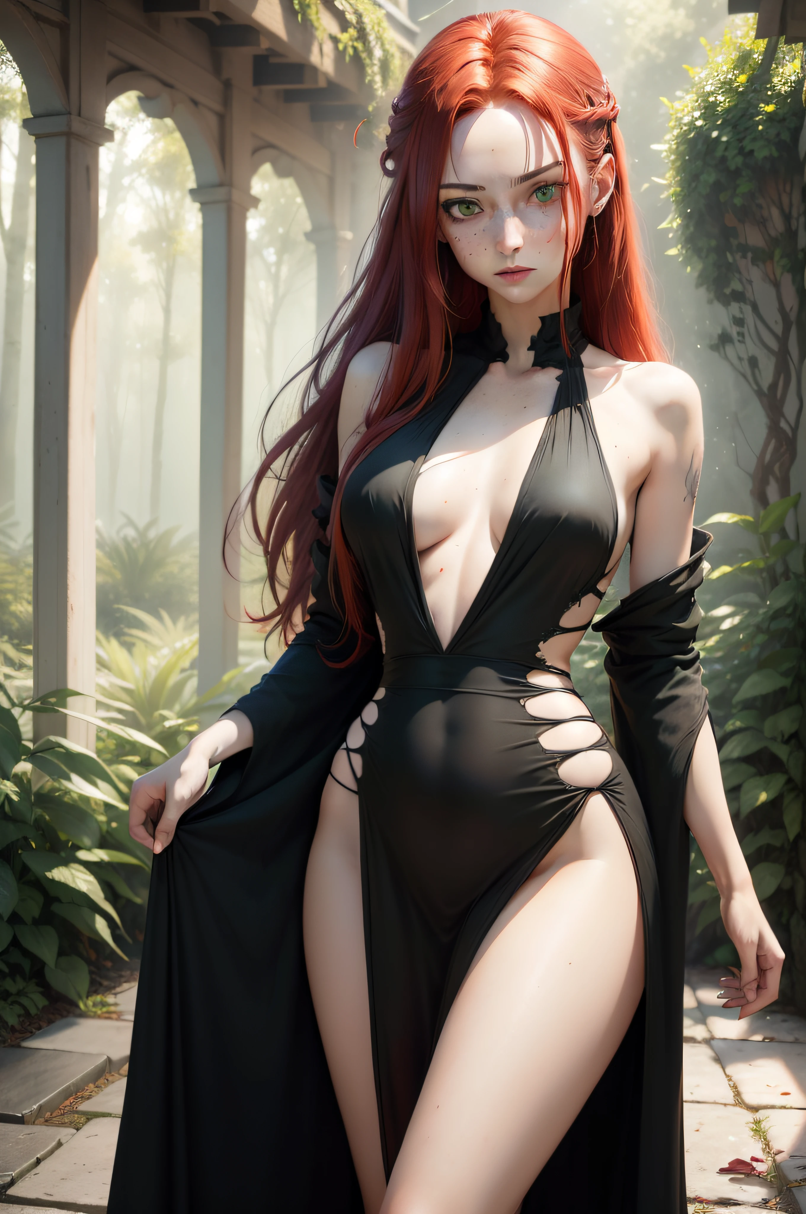 Woman, Very Thin, Red Hair, Fire Hair, Torn Dress, Long Dress, Gray Dress, Old Dress, Shabby Dress, Dressed in Rags, Poor, Miserable, Beautiful, Green Eyes, Freckles, Big Breasts, Red Lips, Seductive Eyes , Seductive Smile (RAW Photo)(8k UHD)(DSLR)(soft lighting)(high quality)(filmic grain)(Fujifilm XT3)(master piece, full body, Highest quality, photorealistic, highly detailed, octane rendering, Unreal engine, HD 8K, soft cinematic light, hyper-detailed, hyper-realistic skin texture, best quality, ultra high resolution, smooth tones, Look at the Viewer, realistic 3d anime)(((Forest)))((( red hair)))(((Green Eye)))(((Torn clothes)))(big chest, human, female, white skin, pale skin, green eyes, red hair, sad look, smile, old clothes, Clothes torn, gray dress long dress, torn long dress, shabby long dress, black clothes, long hair, very thin, Freckles, )(((red hair)))(((green eyes)))(((Torn clothes )))(((black gray dress)))(((Forest))).