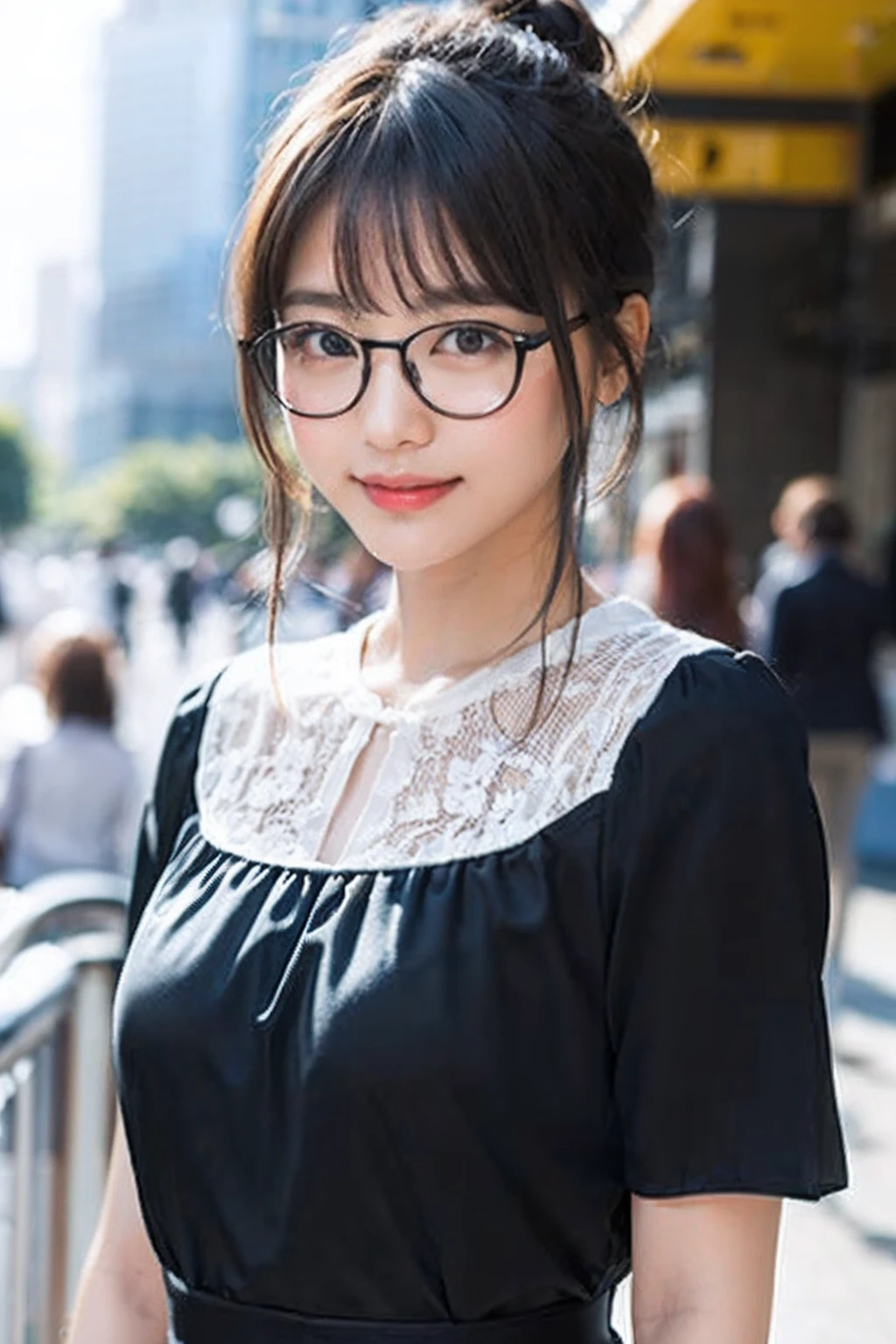 (8K、Raw photography、top-quality、​masterpiece:1.2)、(realisitic、Photorealsitic:1.37)、ultra-detailliert、超A high resolution、女の子1人、see the beholder、beautifull detailed face、A smile、Constriction、(Slim waist) :1.3)、((White blouse clothes))、Beautiful detailed skin、Skin Texture、Floating hair、((Hair bunched into one))、Professional Lighting、In front of the station at noon、((Black square glasses))、Whole human body、Brown hair