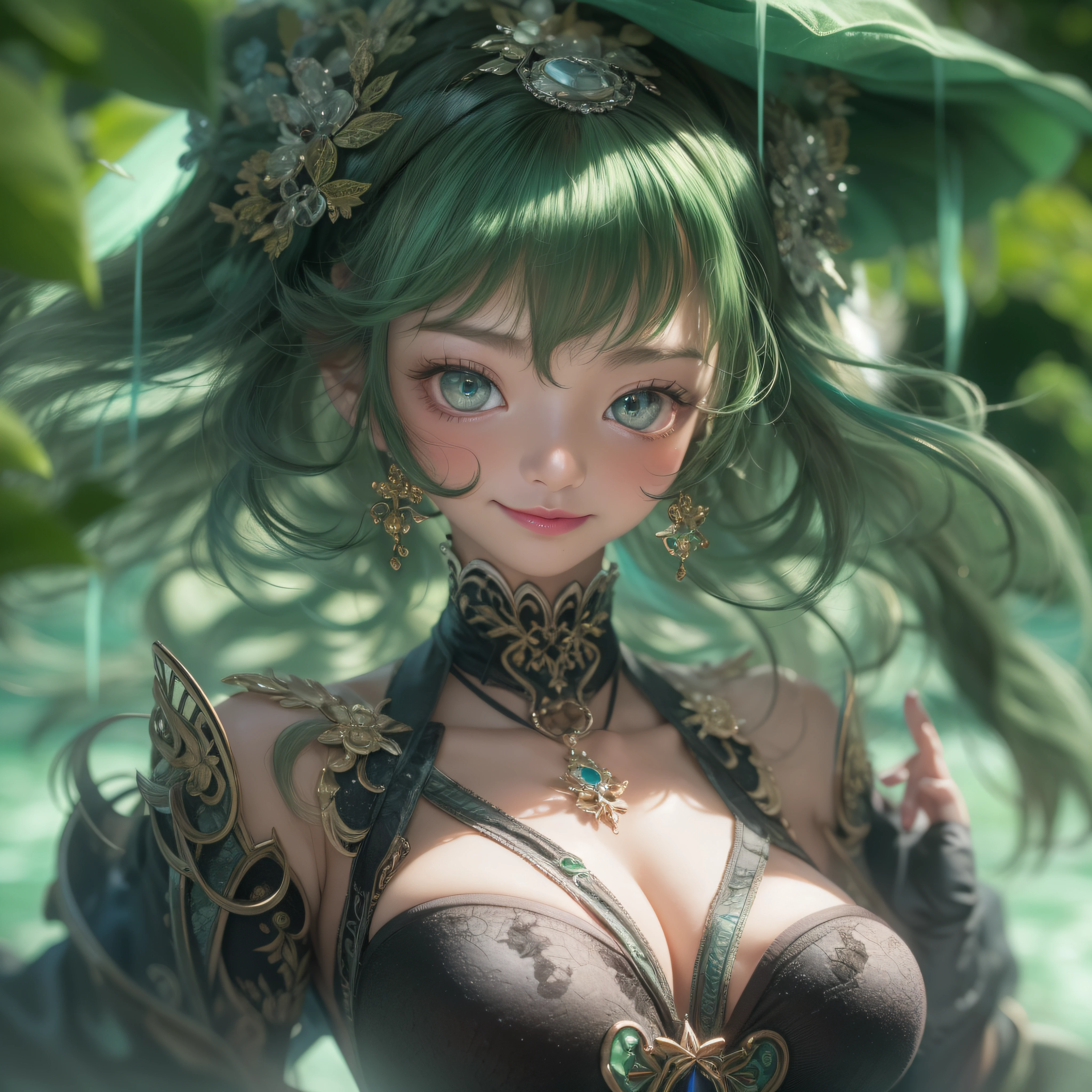Close up of deep green smile with open mouth、(realisitic、hight resolution)、(1 girl in)、Do-Up Eye、Korean Girl、(Best Quality), (masutepiece), (1girl in), Solo, a beauty girl, Perfect face, Big Breast,dreamlikeart、Highly detailed airbrush art((Surreal))、Volumetric lighting、(top-quality)、The ultra-detailliert、(The composition of the movement:1.4)、Highly detailed colorful details、(Bright lighting)、dynamic compositions、Ray traching、The mirror reflects light、Shallow depth of field、ultra-detailliert、mixing exposure、nffsw、Her eyes glow deep green、Staring at the deep green sea。Her dark green face is、Full of adventure anticipation and courage.、A smile appears on her deep green lips。 At the rear、The sun is slowly tilting to the west。Its light brings deep green light to the surface of the sea、The swaying waves create a beautiful scene。Her eyes glow a distinctly deep green。Dark green