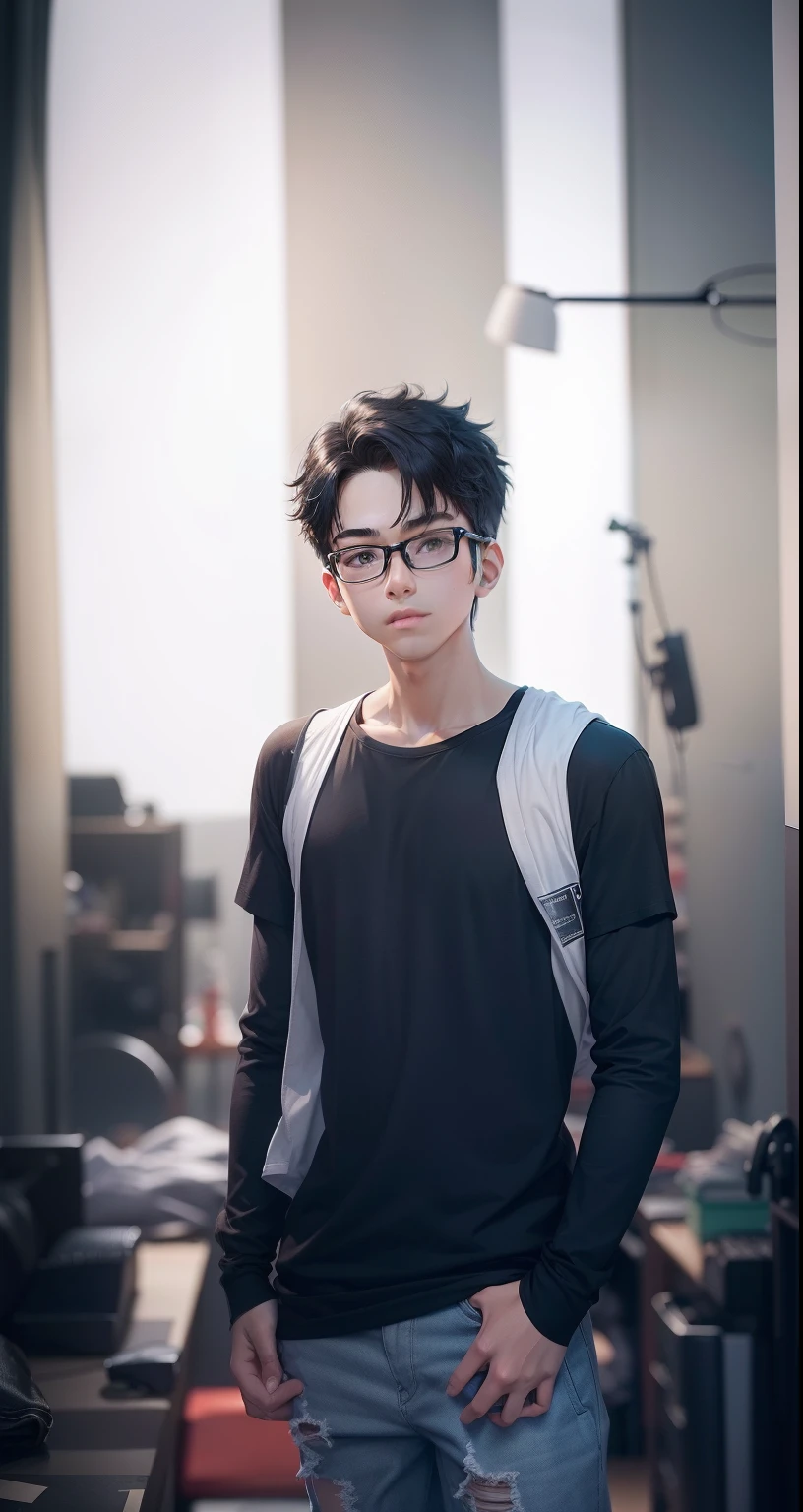 A boy with,Wear a T-shirt,Wear glasses,Black color hair,clean backdrop,(white backgrounid:1.4),(best qualtiy),(tmasterpiece:1.1),(Very detailed CG unity 8K wallpaper:1.1),(a color: 0.9),sharp and clear focus
