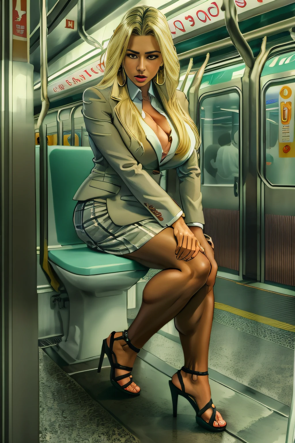 Brazilian, ganguro girl, muscular legs, muscular calves, Strong legs, muscular hips, wide thighs, Curvy hips, A full body shot, high-heeled sandals, tights in a net, Stiletto heels, Women's business suit with a short skirt, large ring earrings, He really wants to pee, rides the subway, Sits, Coming soon, wants to pee, desperately wants to pee, wants to urinate, An expression of shame on his face, confusion, Desperation on the face, crying, pinches the crotch with his hand, crumples the hem of the skirt with his hands, Knees clenched together, Tense posture, bites his lower lip, full bladder, terribly wants to go to the toilet, anatomically correct, Realistic,