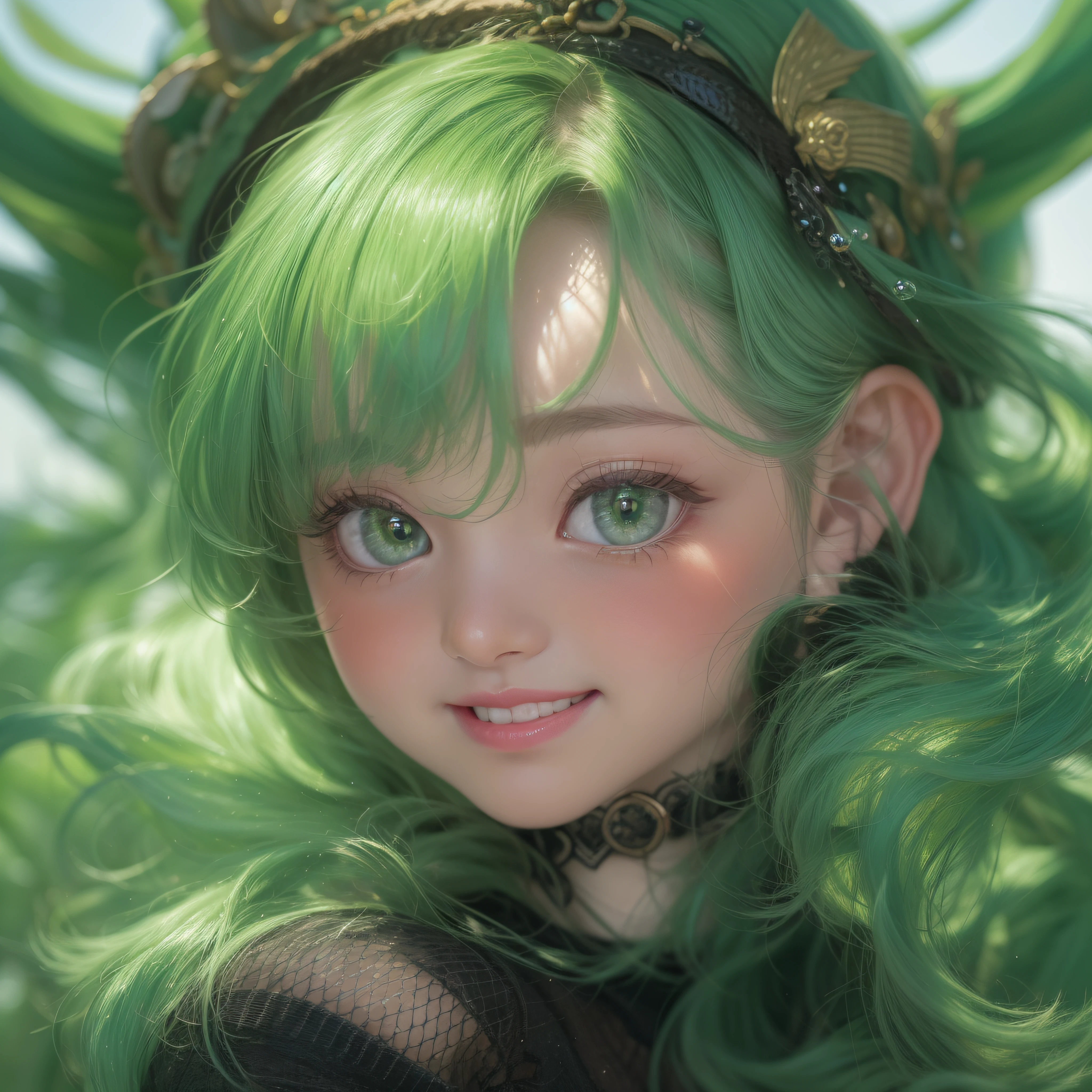 Close up of deep green smile with open mouth、(realisitic、hight resolution)、(1 girl in)、Do-Up Eye、Korean Girl、(Best Quality), (masutepiece), (1girl in), Solo, a beauty girl, Perfect face, Big Breast,dreamlikeart、Highly detailed airbrush art((Surreal))、Volumetric lighting、(top-quality)、The ultra-detailliert、(The composition of the movement:1.4)、Highly detailed colorful details、(Bright lighting)、dynamic compositions、Ray traching、The mirror reflects light、Shallow depth of field、ultra-detailliert、mixing exposure、nffsw、Her eyes glow deep green、Staring at the deep green sea。Her dark green face is、Full of adventure anticipation and courage.、A smile appears on her deep green lips。 At the rear、The sun is slowly tilting to the west。Its light brings deep green light to the surface of the sea、The swaying waves create a beautiful scene。Her eyes glow a distinctly deep green。Dark green