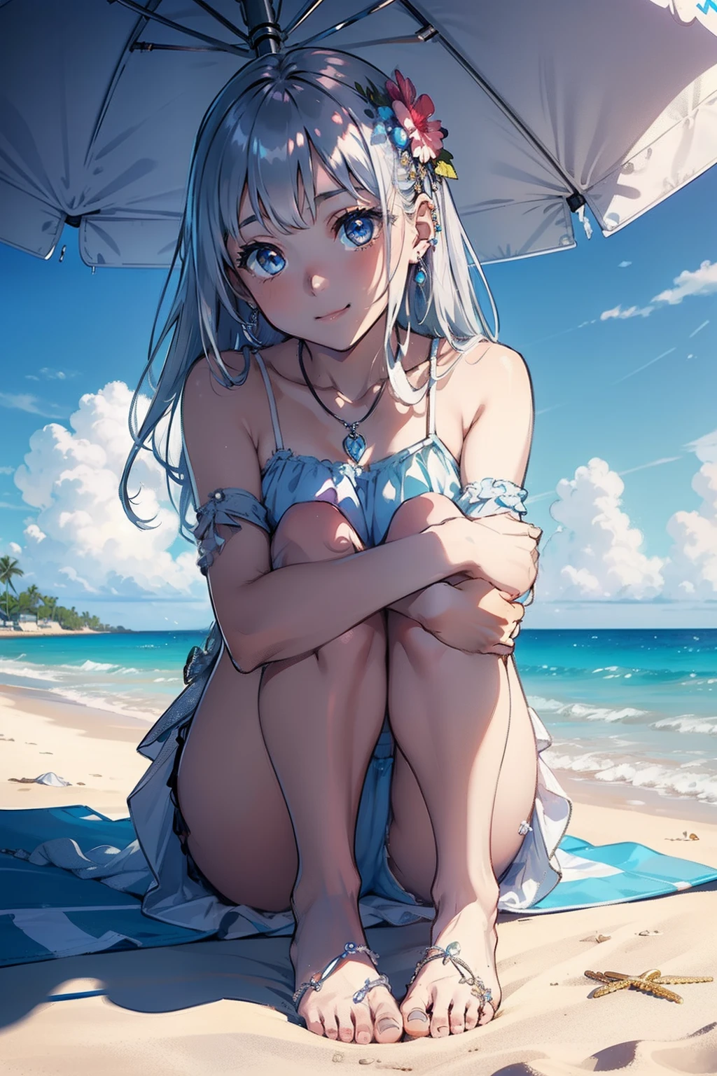 ​masterpiece, top-quality, Detailed details, Detailed landscapes, beatiful lights, Beautiful Shadows,girl with,12year old,((open one's legs)),(Stand on one knee),Child's body shape,huge smile,(innocent smiles),detailed skin textures,flipflops,long,Bunching hair,Silver hair ornament、silber hair,piercings、Silver necklace、Red bright eyes、Children's swimwear,Fluffy swimsuit,Flip fluffy mini skirt,sea side,(((Hugging))),sitting on、beach parasol、L size drinks、blue-sky、llight rays、High contrast,((Oblique view from below))