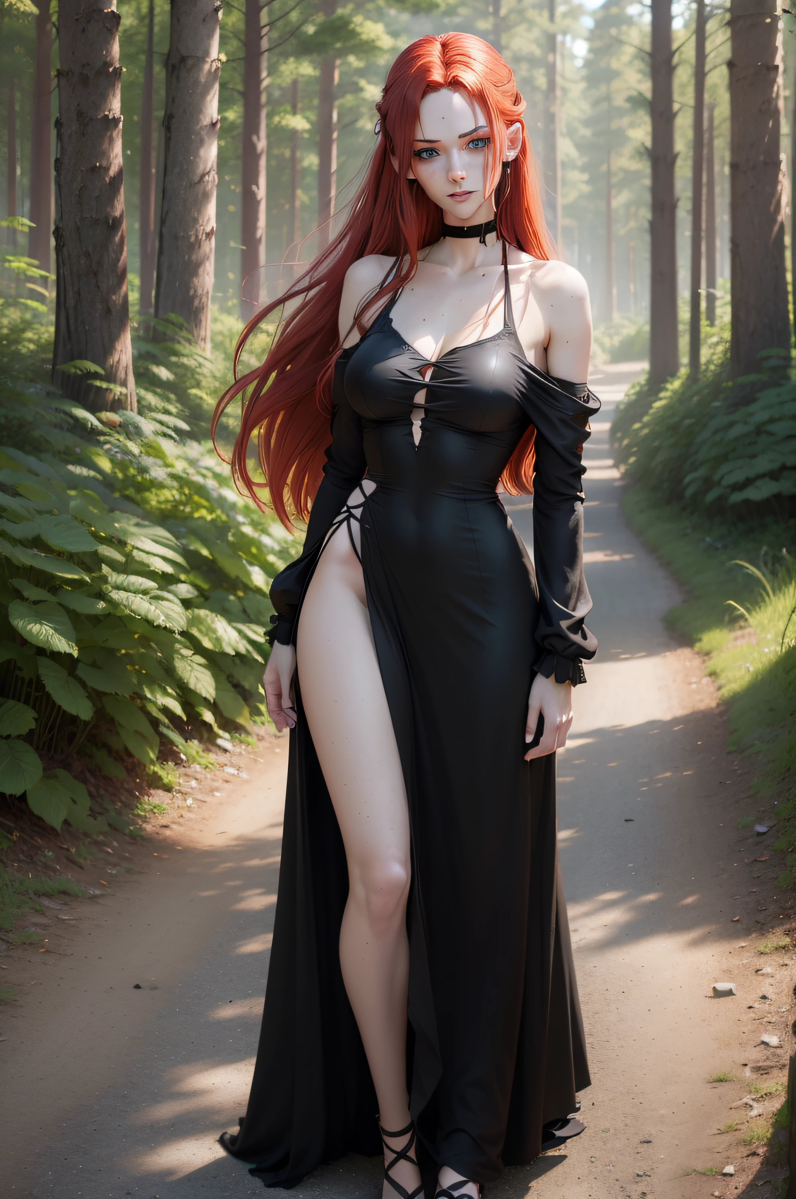 Woman, Very Thin, Red Hair, Fire Hair, Torn Dress, Long Dress, Gray Dress, Old Dress, Shabby Dress, Dressed in Rags, Poor, Miserable, Beautiful, Green Eyes, Freckles, Big Breasts, Red Lips, Seductive Eyes , Seductive Smile (RAW Photo)(8k UHD)(DSLR)(soft lighting)(high quality)(filmic grain)(Fujifilm XT3)(master piece, full body, Highest quality, photorealistic, highly detailed, octane rendering, Unreal engine, HD 8K, soft cinematic light, hyper-detailed, hyper-realistic skin texture, best quality, ultra high resolution, smooth tones, Look at the Viewer, realistic 3d anime)(((Forest)))((( red hair)))(((Green Eye)))(((Torn clothes)))(big chest, human, female, white skin, pale skin, green eyes, red hair, sad look, smile, old clothes, Clothes torn, gray dress long dress, torn long dress, shabby long dress, black clothes, long hair, very thin, Freckles, )(((red hair)))(((green eyes)))(((Torn clothes )))(((black gray dress)))(((Forest))).
