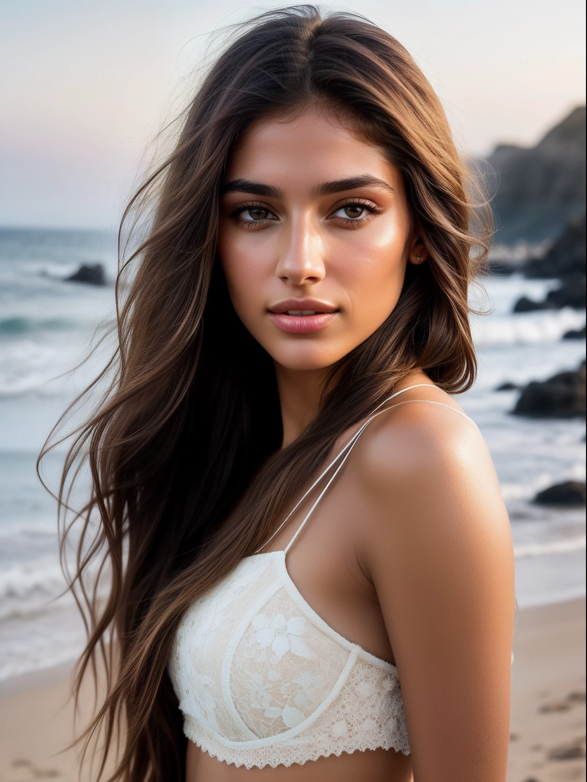 photography, attractive pose, soft wavy hair, ochre hair, light brown eyes, perfect face, detailed face, small nose, white skin, hyperrealism, high quality, woman in her twenties, soft lighting, sharp image, sexy look, flowing hair, full lips, sharp face, beach background.