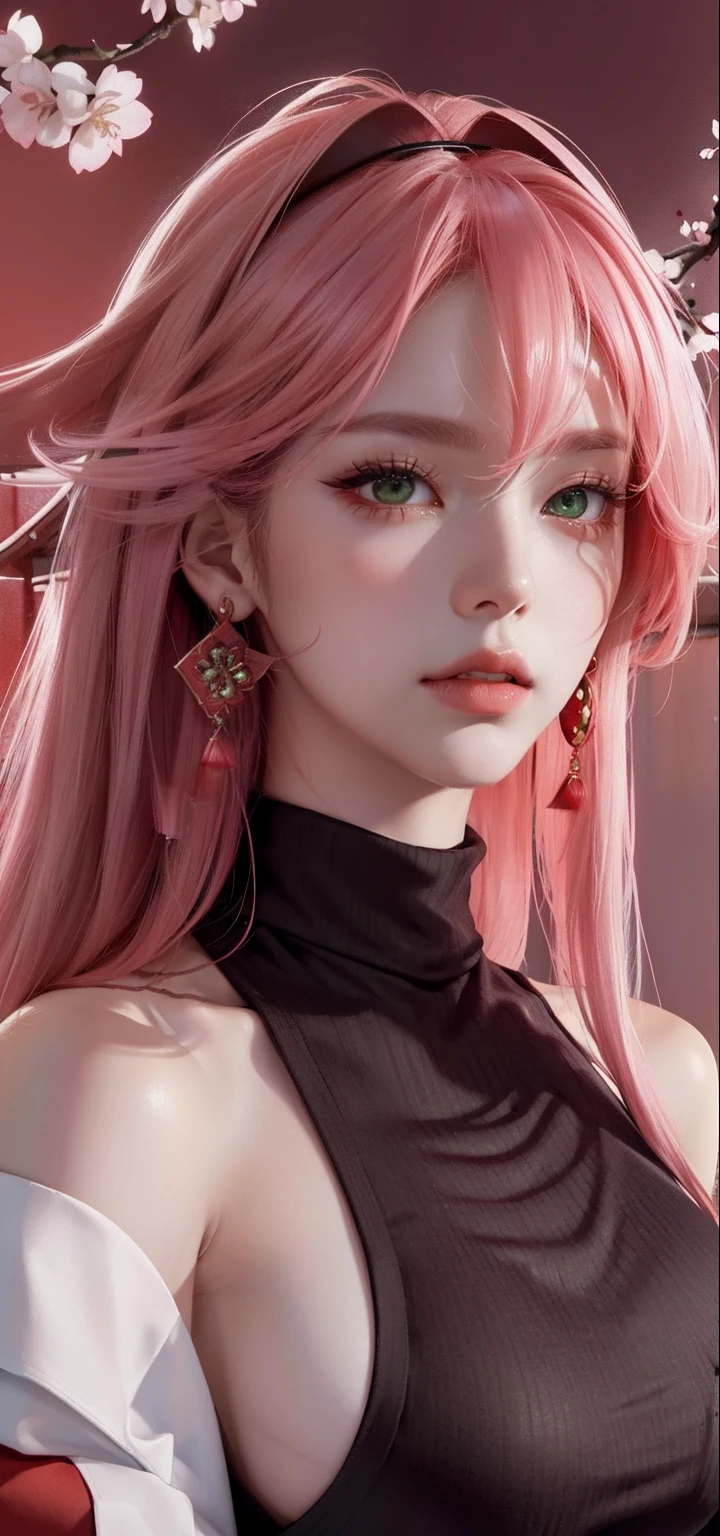 (Masterpiece, Excellent, 1girl, solo, complex details, color difference), realism, ((medium breath)), off-the-shoulders, big breasts, sexy, Yae Miko, long pink hair, red headdress, red highlight, hair above one eye, green eyes, earrings, sharp eyes, perfectly symmetrical figure, choker, neon shirt, open jacket, turtleneck sweater, against the wall, brick wall, graffiti, dim lighting, alley, looking at the audience, ((mean, seductive, charming)), ((cherry blossom background ))),((Japanese temple background)))), (((Glow-in-the-dark background)))