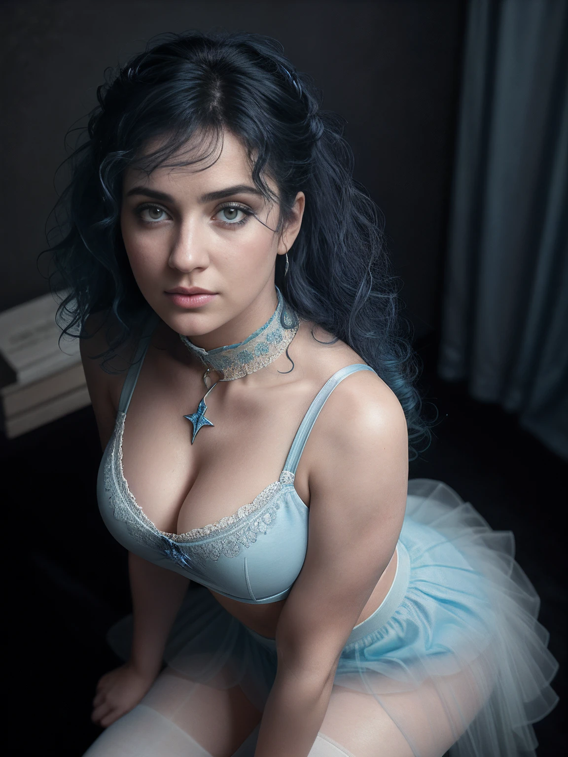 Full body of a Syrian WOMAN, blue curly hair, white crop top and baby blue pleaded skirt, big boobs, angry look, looking up at viewer, natural skin texture, 24mm, 4k textures, bright cinematic light, RAW photo, photorealism, photorealistic, intricate, elegant, highly detailed, sharp focus, ((((((cinematic look)))), soft tones, insane details, intricate details, hyperdetailed, low contrast, soft cinematic light, exposure mix, hdr, below head view angle, wearing choker, thick thighs, over the knees white socks