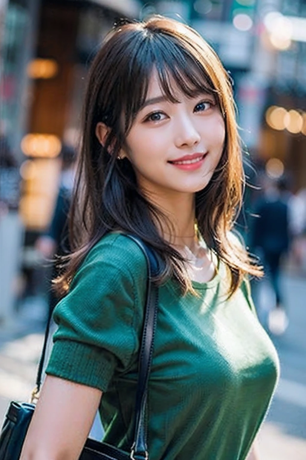(8k、RAW Photography、top-quality、​masterpiece:1.2)、(realisitic、Photorealsitic:1.37)、ultra-detailliert、超A high resolution、女の子1人、see the beholder、beautifull detailed face、a smile、Constriction、(slim waist) :1.3)、The shirt、Beautiful detailed skin、Skin texture、floated hair、profetional lighting、Bag(Tasukikake)、Paisla、Emphasis on large breasts
