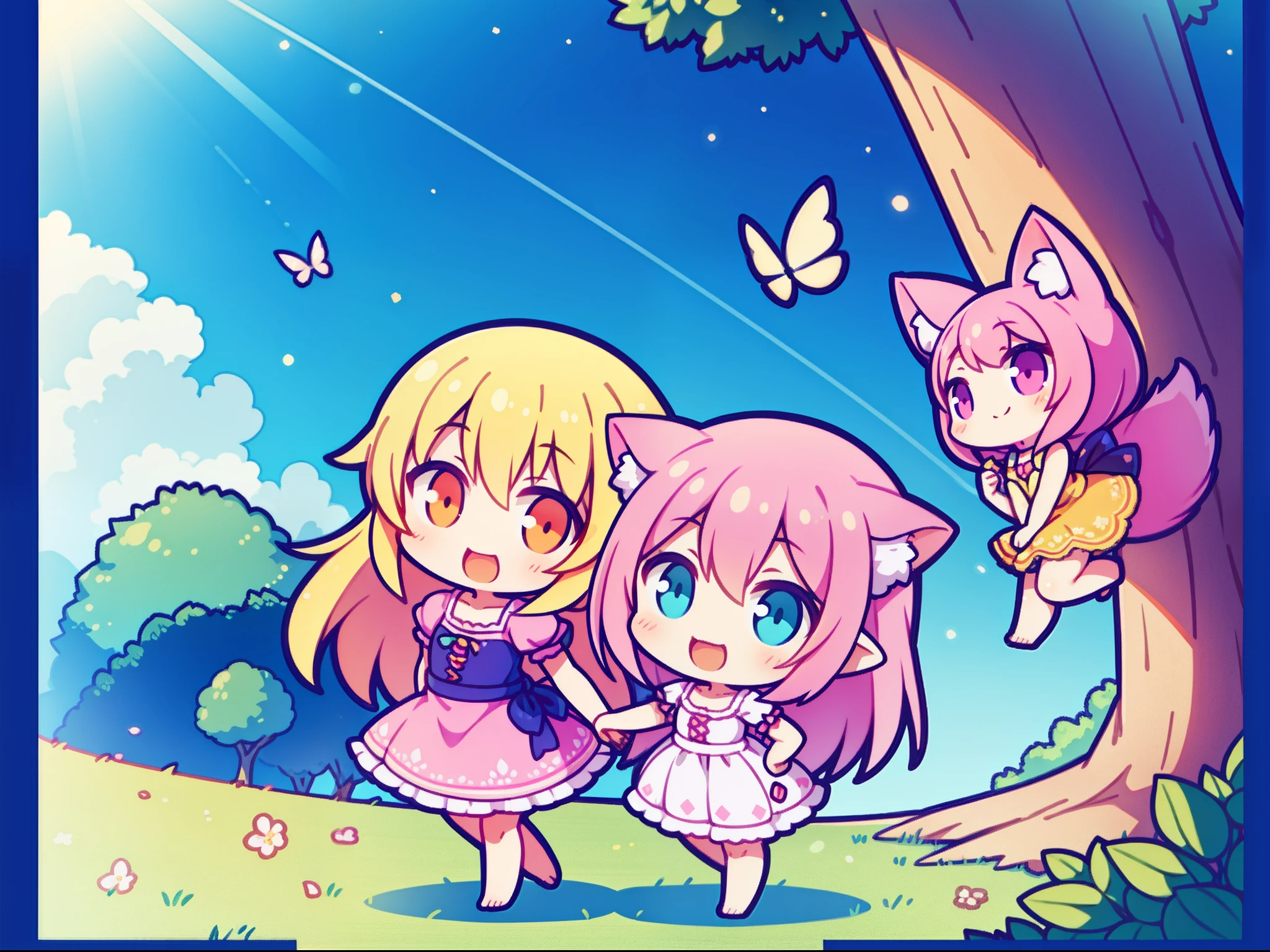 fantasy world; Bright colors, Indescribably sweet, Cartoon style, Style Fairy Tale; Three adorable little cat girls,  with long hair, fluttering in the wind, bare footed, Happy smile, eye shine, On his face is an expression of infinite happiness; A leap of faith from the ends of the earth, Holding hands;  high quality textures, higly detailed, hight resolution, realistness