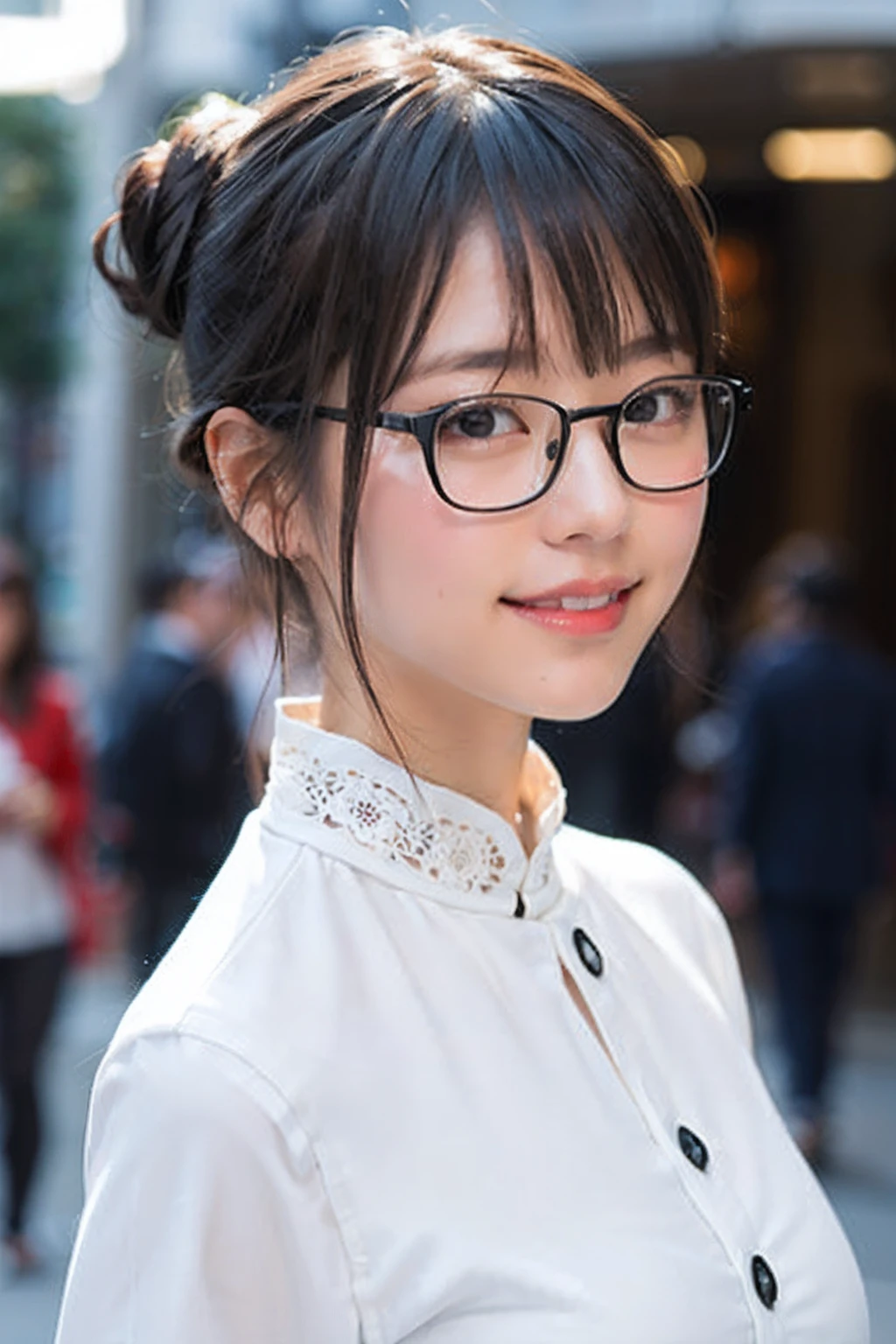 (8K、Raw photography、top-quality、​masterpiece:1.2)、(realisitic、Photorealsitic:1.37)、ultra-detailliert、超A high resolution、女の子1人、see the beholder、beautifull detailed face、A smile、Constriction、(Slim waist) :1.3)、((White blouse clothes))、Beautiful detailed skin、Skin Texture、Floating hair、((Hair bunched into one))、Professional Lighting、In front of the station at noon、((Black square glasses))、Whole human body、Brown hair