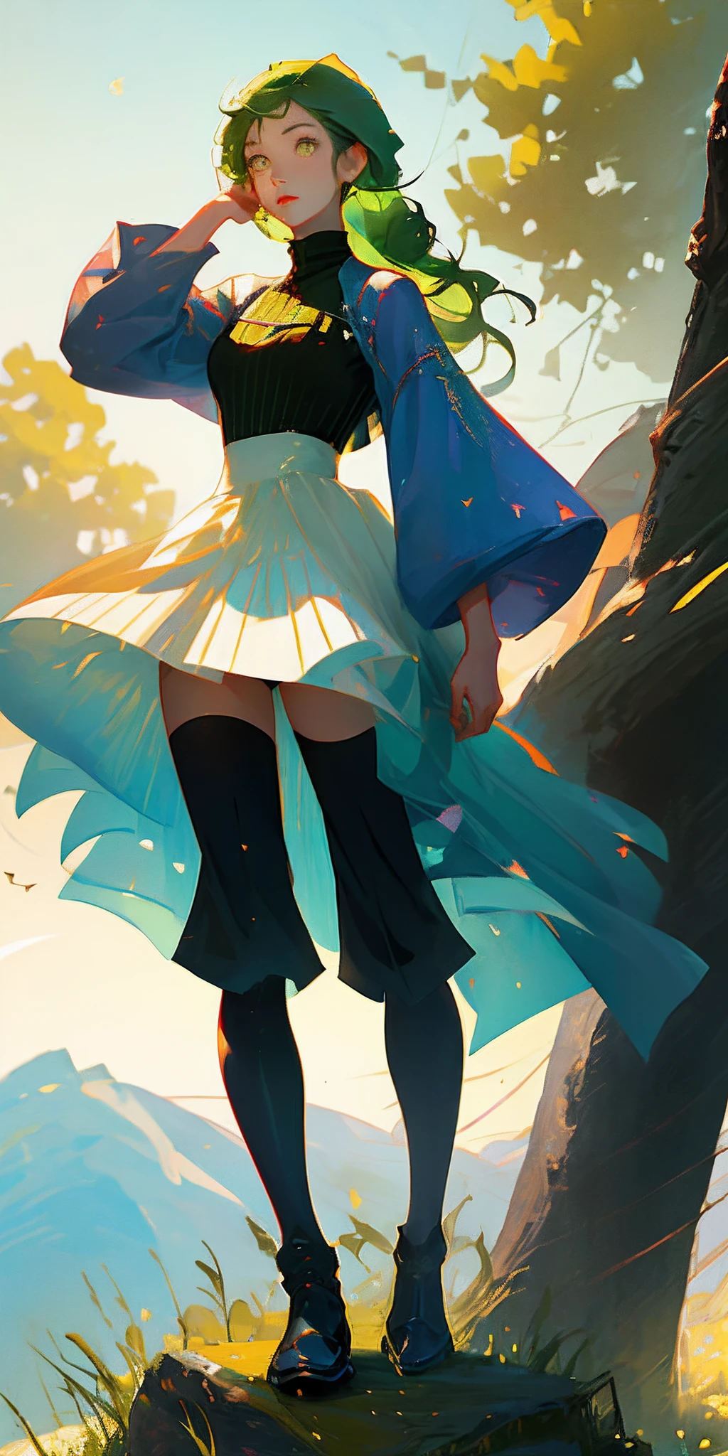 full body Esbian、Standing Picture、One girl、top-quality、Top image quality、Yellow-green hair、yellow eyes、horse tailed、cap、Lunette de soleil、white pantie、Summer background