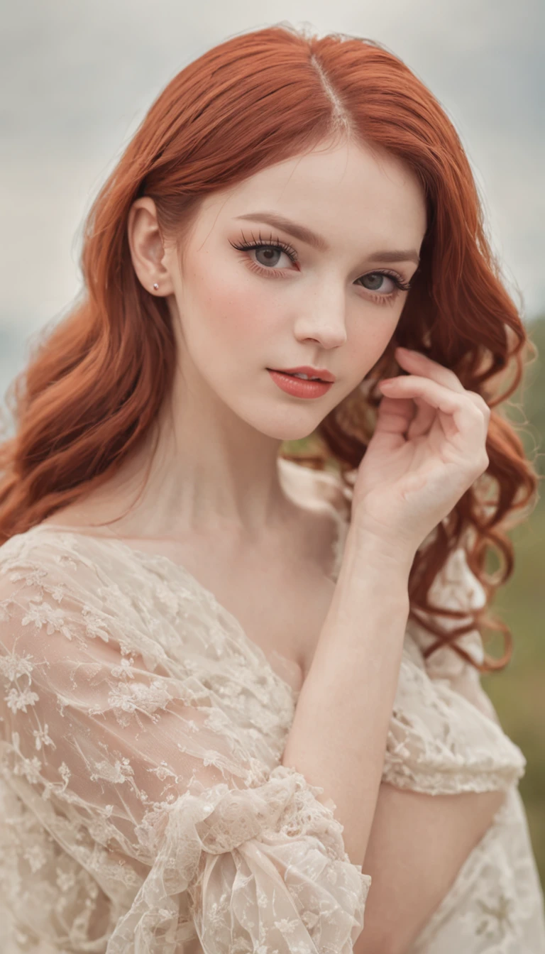 (masterpiece, high detal, Absurde, Photo Raw), 1 Girl Pin-Up, Full body, long red hair, delicated face, long eyelashes, Little smile, In a romantic vintage atmosphere, Summer dress, Stockings, high-heels