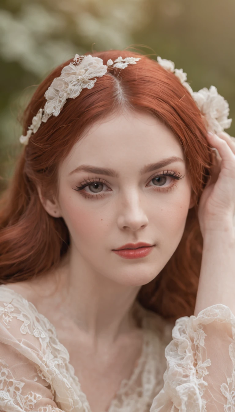 (​masterpiece, high detal, Absurde, Photo Raw), 1 Girl Pin-Up, Full body, long red hair, delicated face, long eyelashes, Little smile, In a romantic vintage atmosphere, Summer dress, Stockings, high-heels