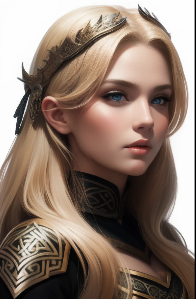 Beautiful Celtic princess warrior face, Painted entirely with blonde hair, Alfonso Dunn(Alfonso Dunn)Use rich black line art and contrasting white background