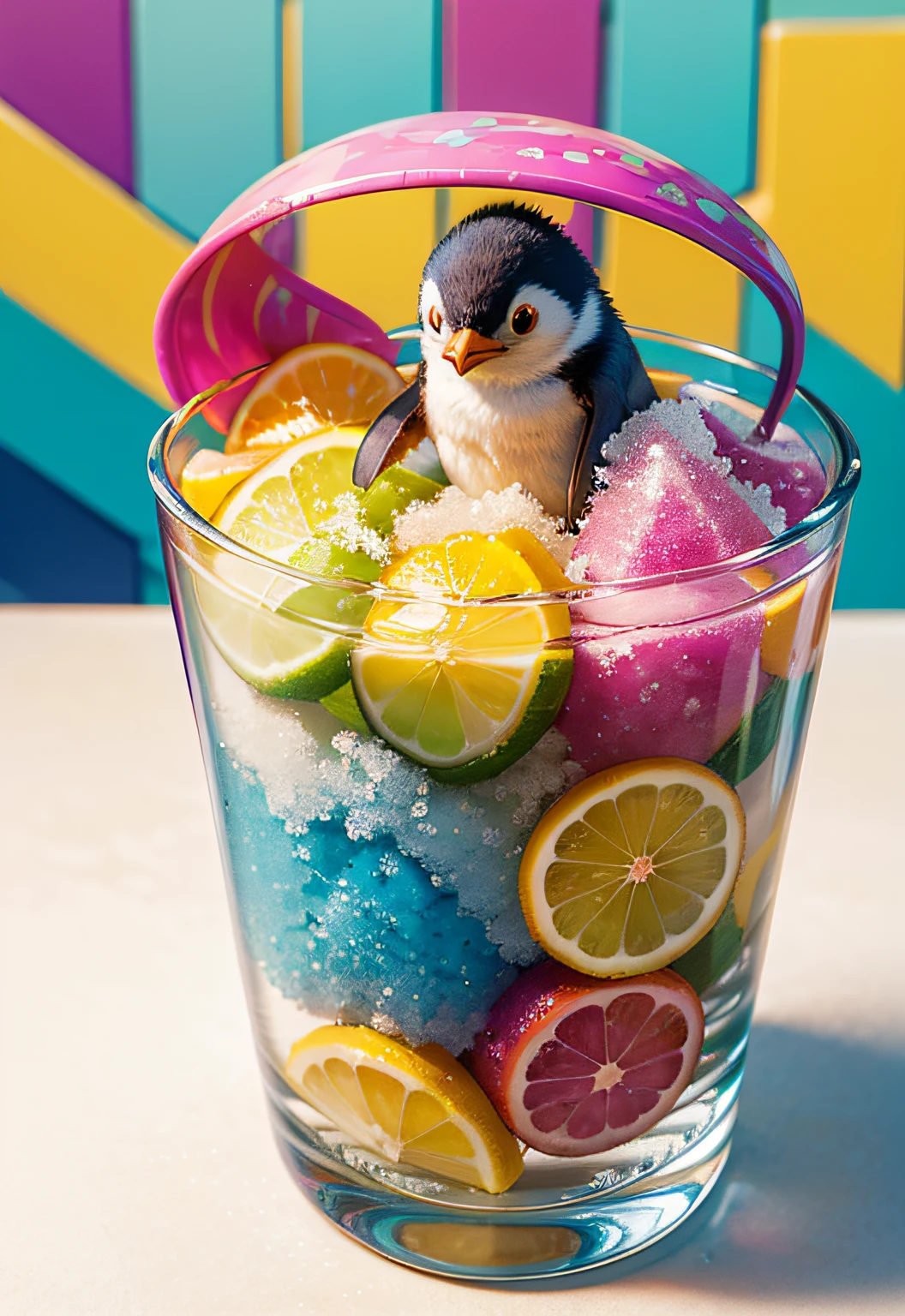 masterpiece、top-quality、top-quality、Colorful cute penguin design with illustrations、Eat shaved ice、ighly detailed、colourfull、highestdetailed、Wide range of shots、gorgeous colors、grains of sugar、kirakira、Colorful colors of bright ice、Image-like backgrounds、Fun bright atmosphere、Colorful fruits flying around shaved ice