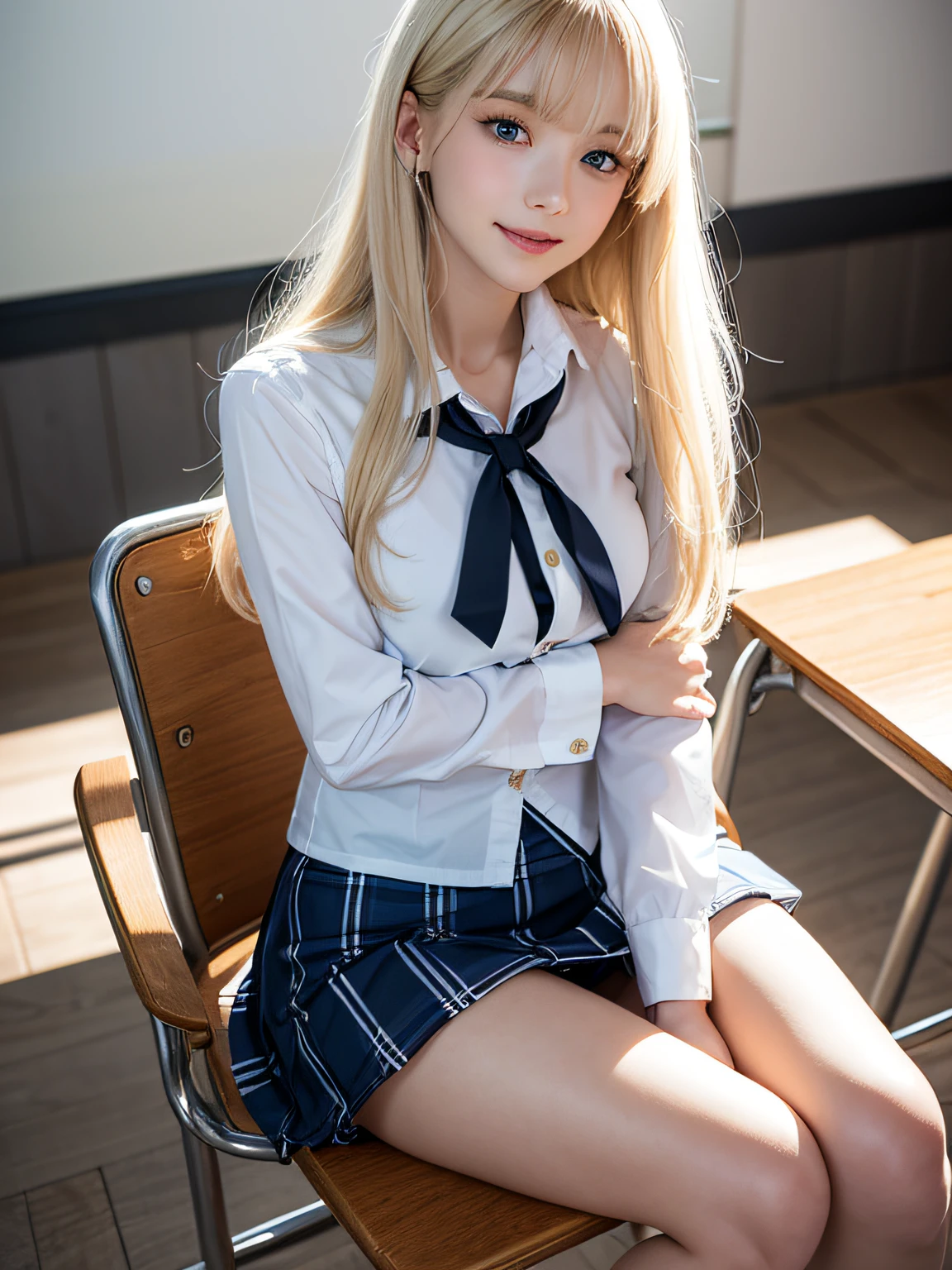 （Girl sitting on classroom chair，crossedlegs）、porate、bright expression、young and shiny white shiny skin、Best Looks、ultimate beauty girl、The most beautiful platinum blonde hair in the world、Shiny light hair,、Super long silky straight hair、Beautiful bangs that shine、Sparkling crystal clear and charming blue eyes、Very nice and lovely 16 year old girl、Medium bust、（Uniform dark blue flared skirt）、（up skirt）、（（No bra））（（Hide with both hands,））