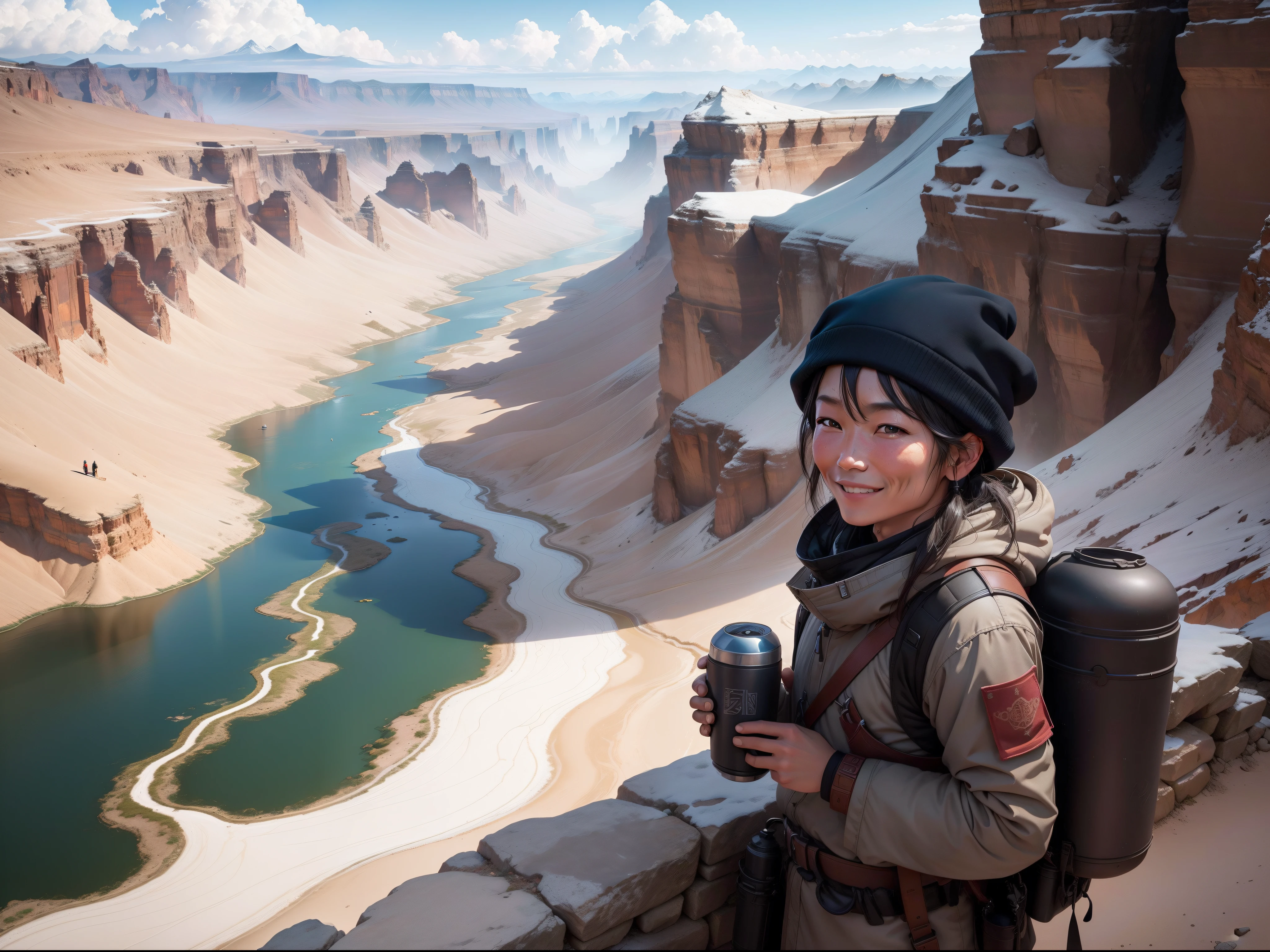 On the Tibetan Plateau,Thin,The back of a forty-year-old male Han explorer,Dusty,With a smile on your face,standing on top of a mountain,Hold the thermos cup in your right hand,Gaze at the vast river that rushes through the canyon in the distance,Faraway view。