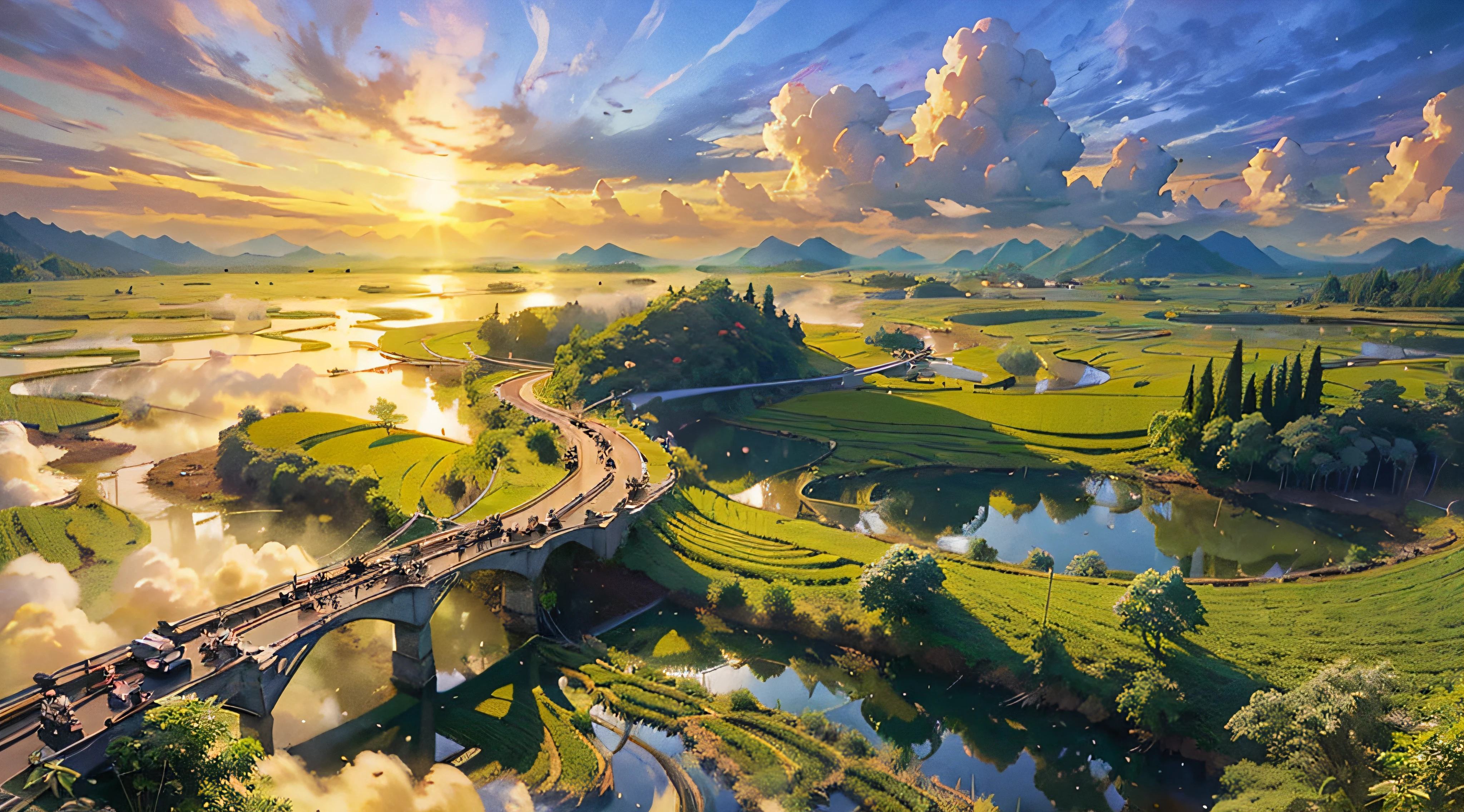 (((best quality)))), ((super detailed)), (illustration), (dynamic angle), ((floating)), (from above) tea picker, big clouds, blue sky, rice fields, neat rice seedlings in the field, forest, hillside, secluded, rural,
