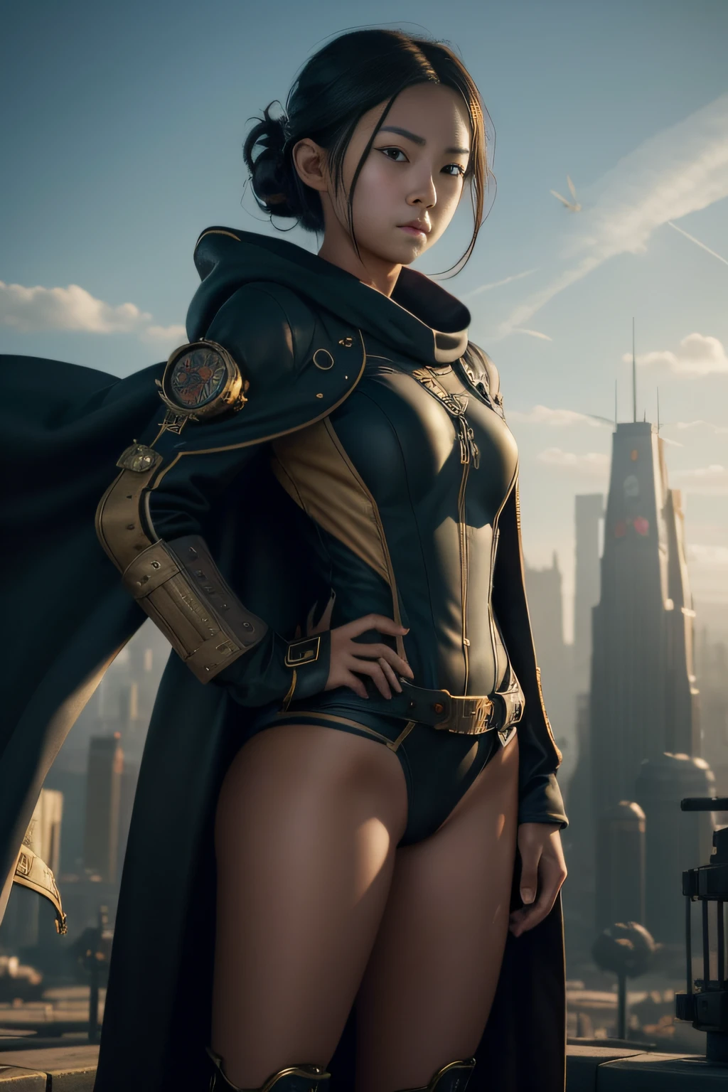 1 girl, young, 16 year old, Asian girl, full body from head to toe, realistic, realistic face, realistic eyes, worried, looks over her shoulder, side lighting, wallpaper, looks at viewer, futuristic steampunk buildings in background, long cape and hood, cutout on the front of the one piece swimsuit, earth ground, outdoors, hold a steampunk sword in your left hand, fly in the sky with a steampunk jet pack, dragon logo,