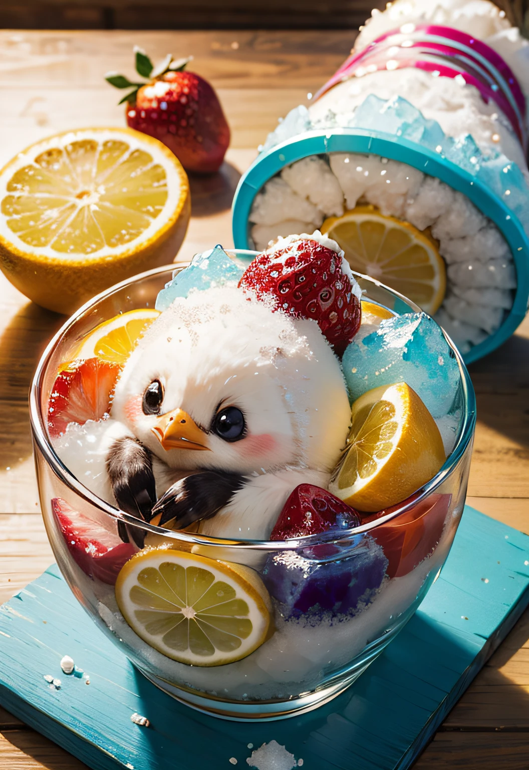 masterpiece、top-quality、top-quality、Colorful cute penguin design with illustrations、Eat shaved ice、ighly detailed、colourfull、highestdetailed、Wide range of shots、gorgeous colors、grains of sugar、kirakira、Colorful colors of bright ice、Image-like backgrounds、Fun bright atmosphere、Colorful fruits flying around shaved ice