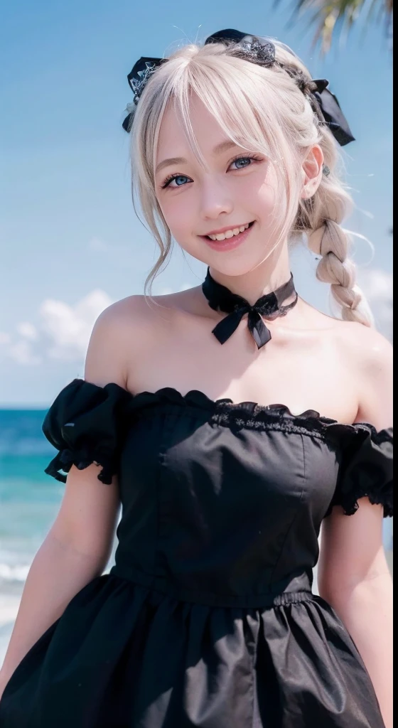 (ultra-detailliert), Cute princess dresses in black color,(frilly dress),(shortsleeves),Blue eyes,The upper part of the body、a closeup、faces、(A smile:1.5),(facing front:1.2), 20yr old, s girl,no tail,(no tail),2D, masterpiece, top-quality, animesque, A detailed eye, A detailed face, girl with, Only 1 person,Silver-haired medium hair, (a blond), Ear Hair, small tits, Single braid, (Single braid), (Side braid), Pink ribbon, Ribbon around the neck, (White sleeves), seaside backgroud