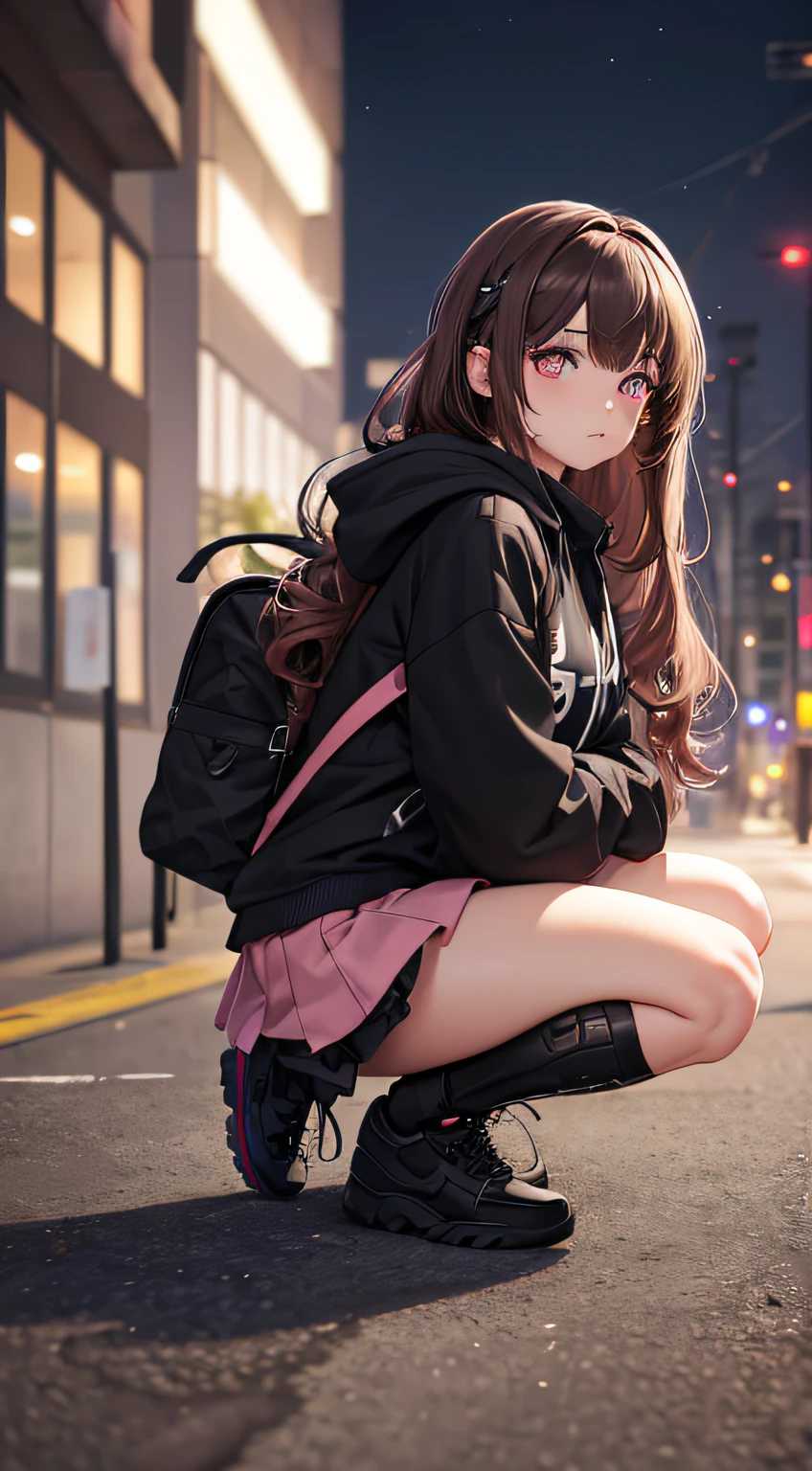 (masterpiece, best quality, Extremely detailed), Extremely detailed CG unity 8k wallpaper, (Optimal lighting, Best shadow, Extremely delicate and beautiful), absurd, 
Street corner, 1 Girl, Solitary,  
Long hair, Light brown hair, Yellow eyes, 
 Low double ponytail, , Pleated Skirt, Ribbon, Halo, Bag, White, 

black leather boots，female masturbation