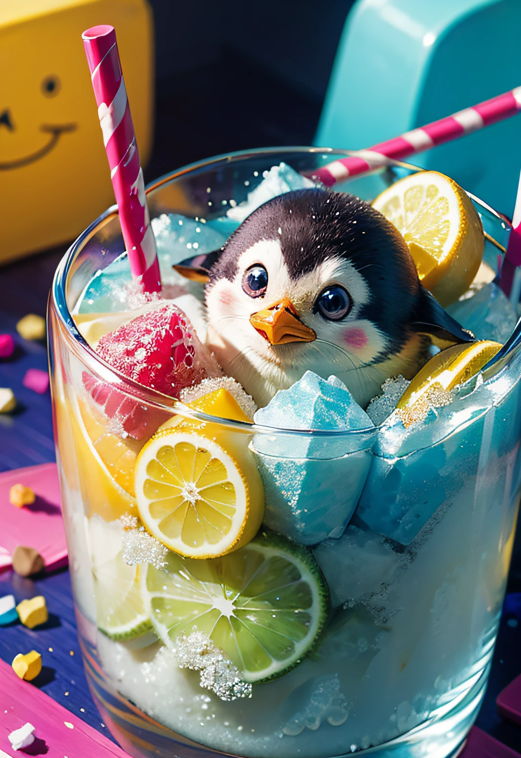​masterpiece、top-quality、top-quality、Colorful cute penguin design with illustrations、Eat shaved ice、ighly detailed、colourfull、highestdetailed、Wide range of shots、gorgeous colors、grains of sugar、kirakira、Colorful colors of bright ice、Image-like backgrounds、Fun bright atmosphere、Colorful fruits flying around shaved ice
