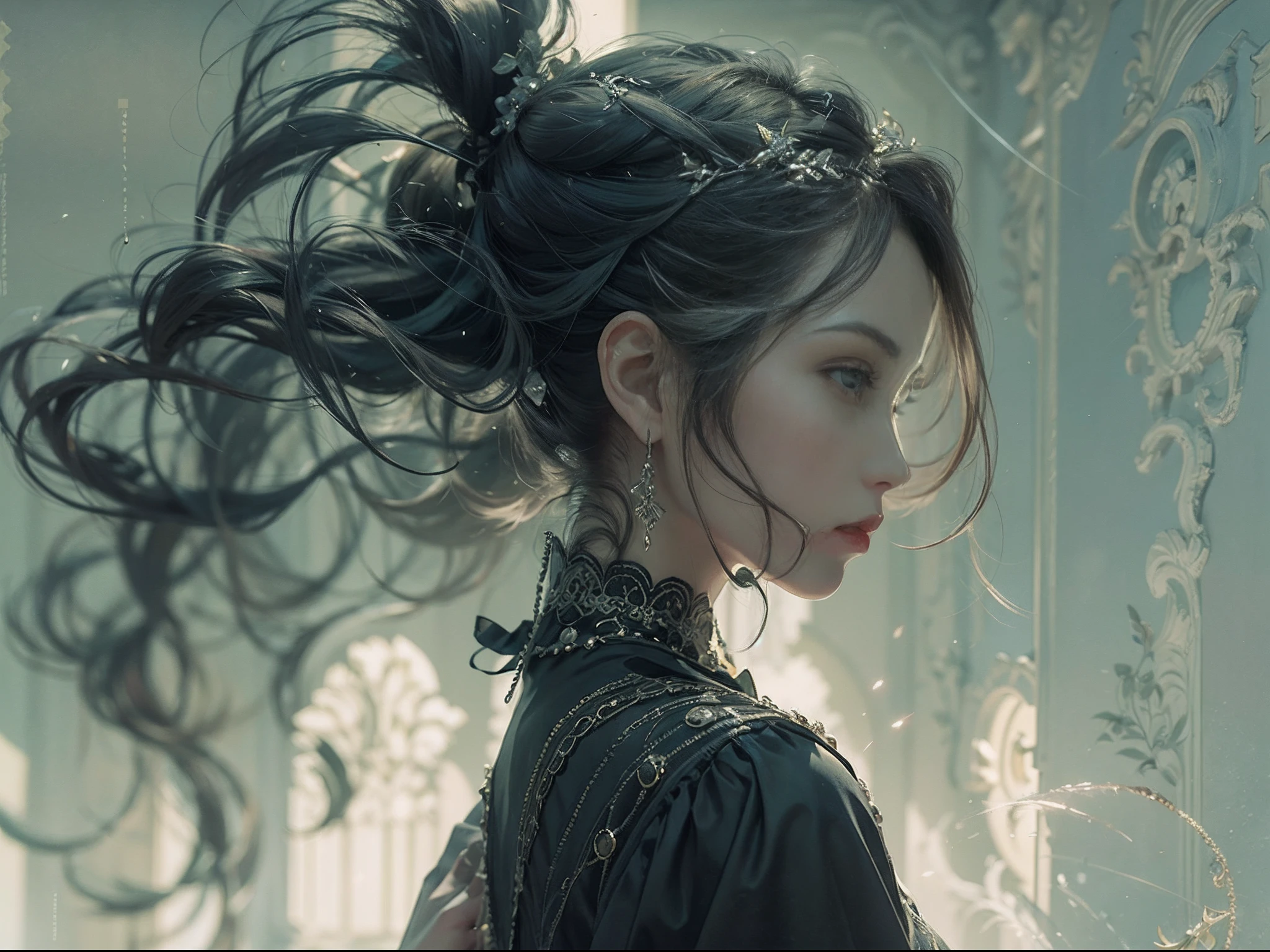 ((Sharp-eyed woman)), ((Works by Agnes Cecil : 1.7)), Black hair, Bokeh, Foggy, (from the rear:1.4), Dutch Angle, afterimage、afterimage, (Dynamic movement:1.9), negative space, minimalism, (delicate illustration : 2.0), (Anatomically correct number and shape of fingers), masuter piece, awardwinning, Cinematic scene, Long braided hair, Western witches、Evil Research、 Enchanted World、Witch in Dynamic Pose、Old and lonely rococo clothes, 35-year-old witch, Challenging, Portrait of an Eastern European woman, an elegant woman, Traditional beauty, portrait shot, long braided hairstyle, Beautiful pictures, dynamic compositions、 The background is decadent, Gothic, Strength and brilliance、solitude、afterimage、light and shadows、Enchanted World