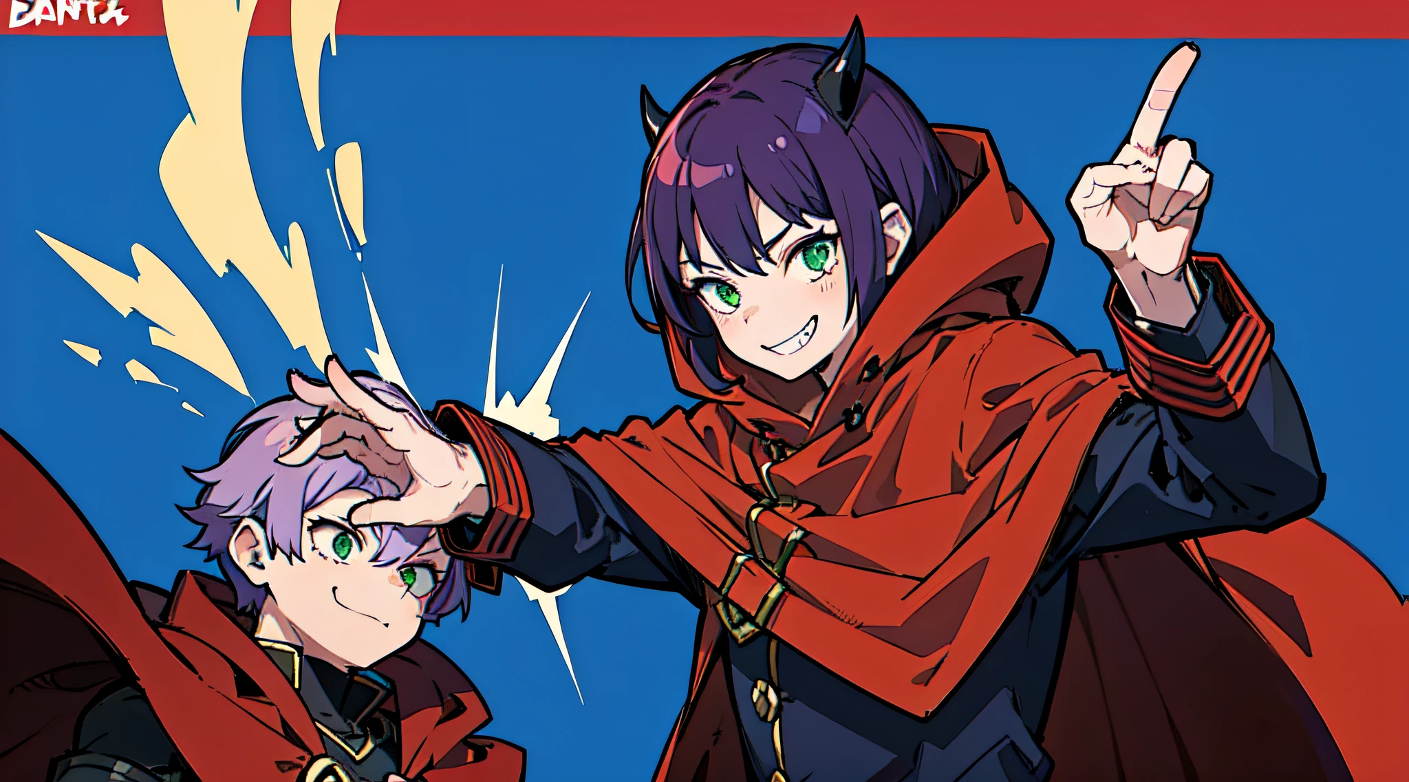 top-quality、masterpiece、((Deformed))、Boy with short purple hair、Green eyes、demonic horns、A smile、red cloak、Composition that reflects the whole body、combat pose、Thumbnail image、Blue background
