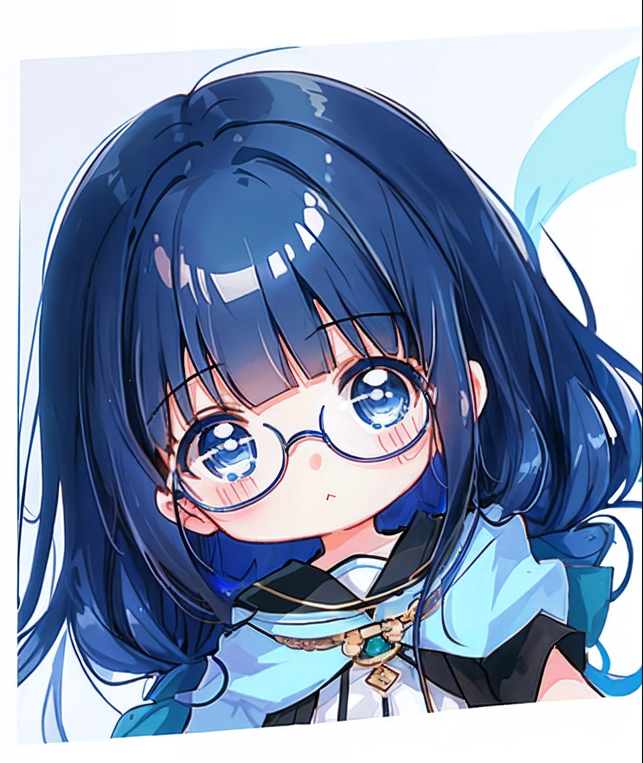 1girl, (dark blue hair, long hair, blunt bangs, blue eyes, round specs), white background, simple background,  cb_version, chibi, chibi version of anime girl