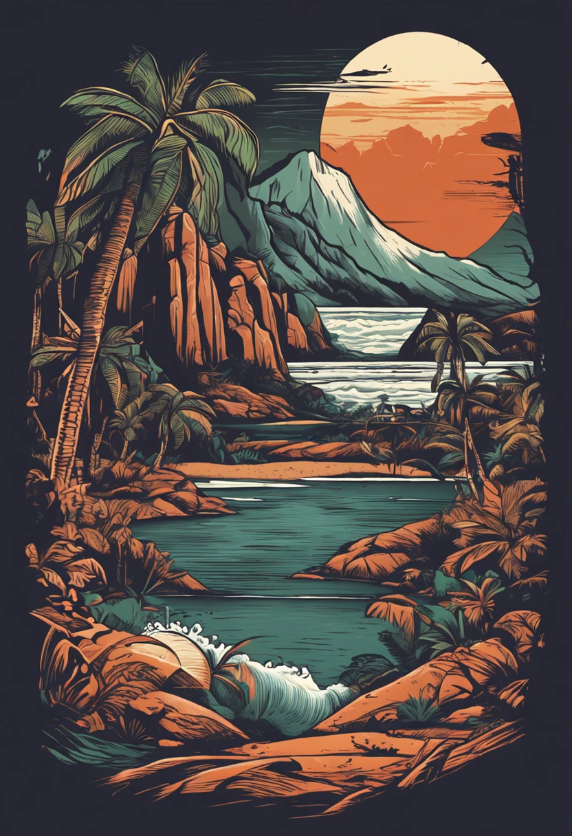 design para camiseta T-shirt, Design circular, camisa suja, mochila nas costas, Ilustração 2d seth cohen, Atlantic Forest, Rio de Janeiro epic light, Realistic, cinematographic, - Backgound Escuro, Preto e branco