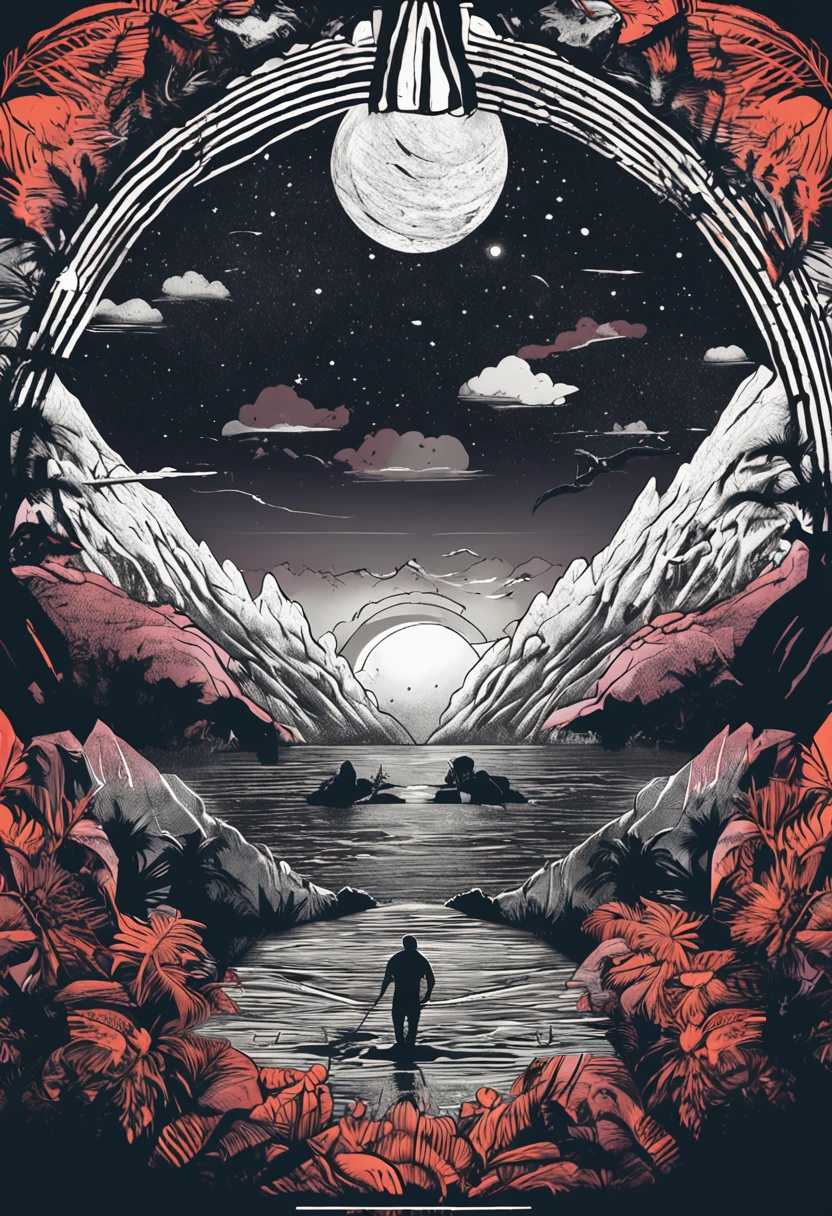 design para camiseta T-shirt, Design circular, camisa suja, mochila nas costas, Ilustração 2d seth cohen, Atlantic Forest, Rio de Janeiro epic light, Realistic, cinematographic, - Backgound Escuro, Preto e branco