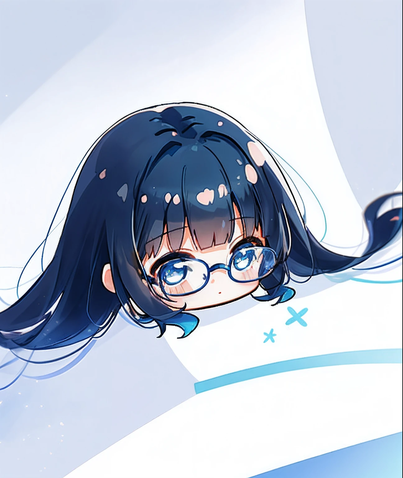 1girl, (dark blue hair, long hair, blunt bangs, blue eyes, round specs), white background, simple background,  cb_version, chibi, chibi version of anime girl