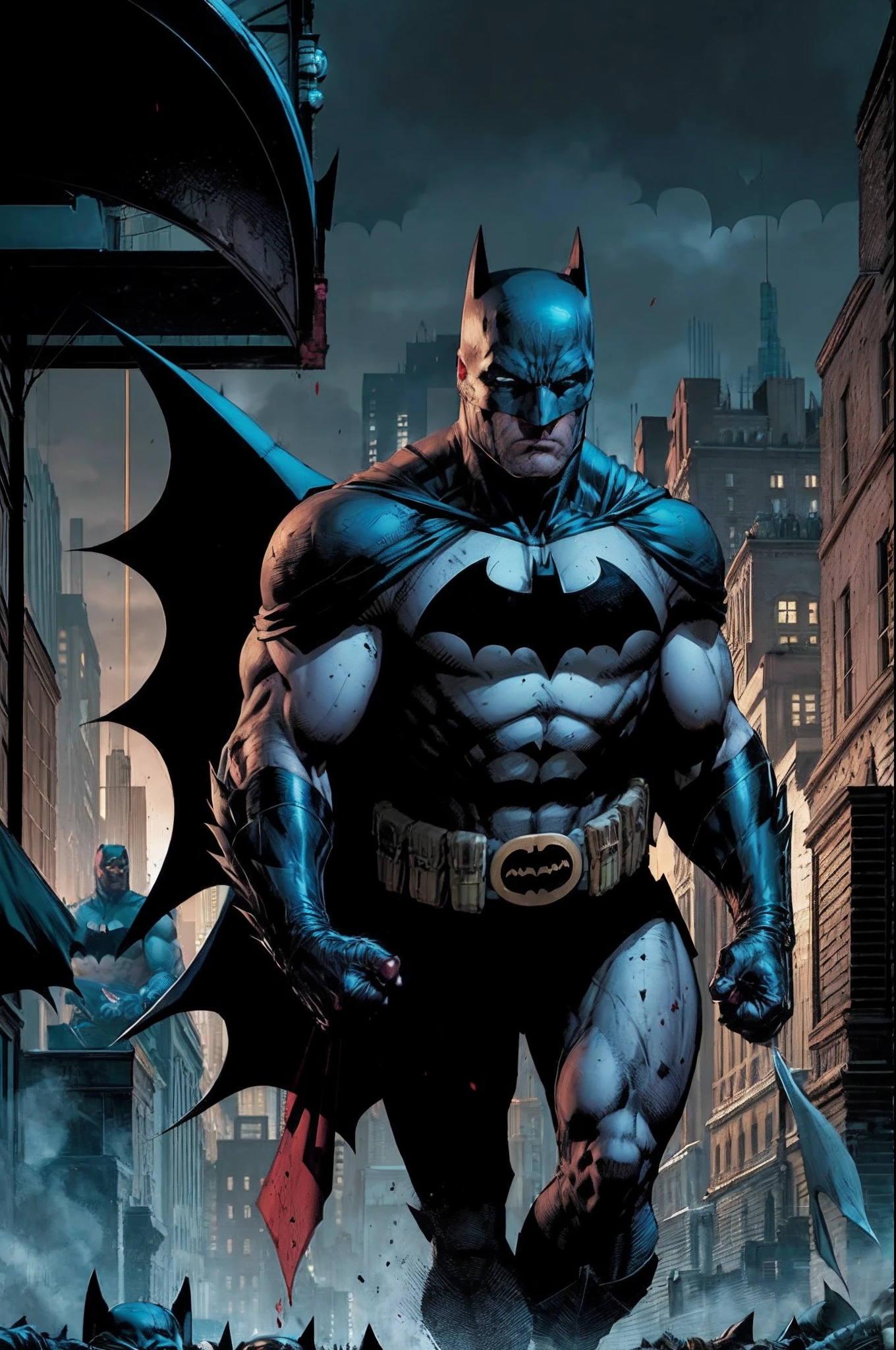 Batman was on the streets of Gotham City when he saw blood on the ground. He followed the trail of blood and found a group of criminals who had just robbed a bank. Batman fought them and managed to capture them all. He then called the police to come and take them away.