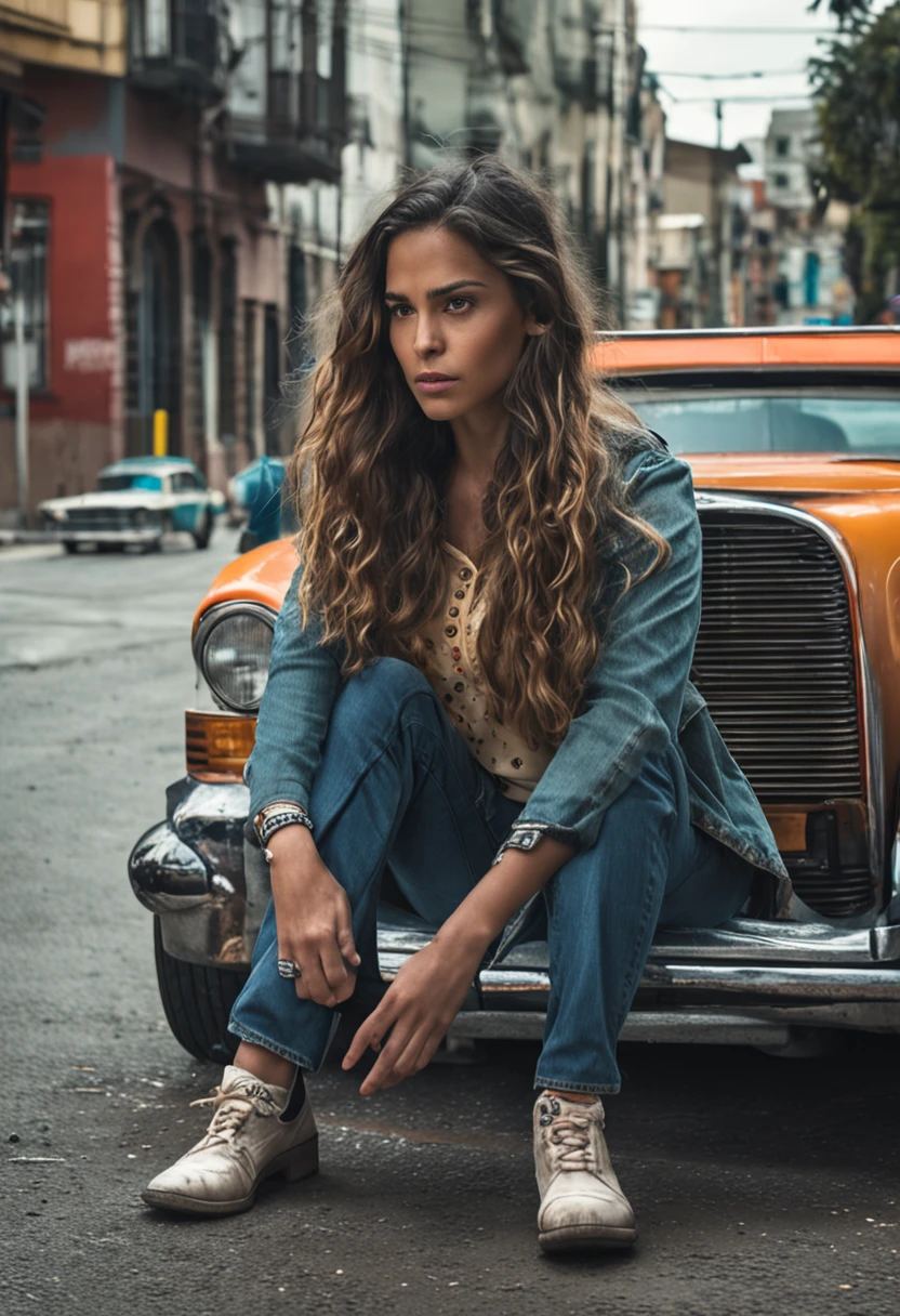 Criar uma imagem de uma menina de cabelos curtos. Cerca de 25-30 anos. Standing up from the camera. Behind there should be a city center. Girl wears a pair of jeans and a dark shirt and an LAPD detective jacket.