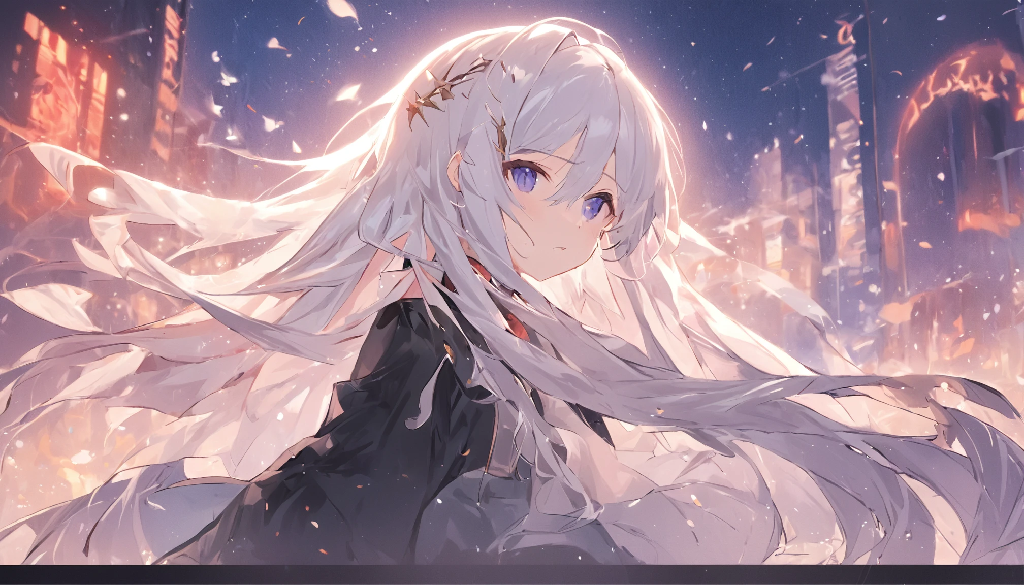 Anime girl with long white hair, white haired god, nigh sky, starrysky, Black dress, Detailed key anime art, shadowverse style, high detailed official artwork, anime key visual of elegant, official artwork, Official art, girls frontline universe, from the azur lane videogame, Fate Grand Order, anime visual of a young woman, Ayaka Genshin Impact