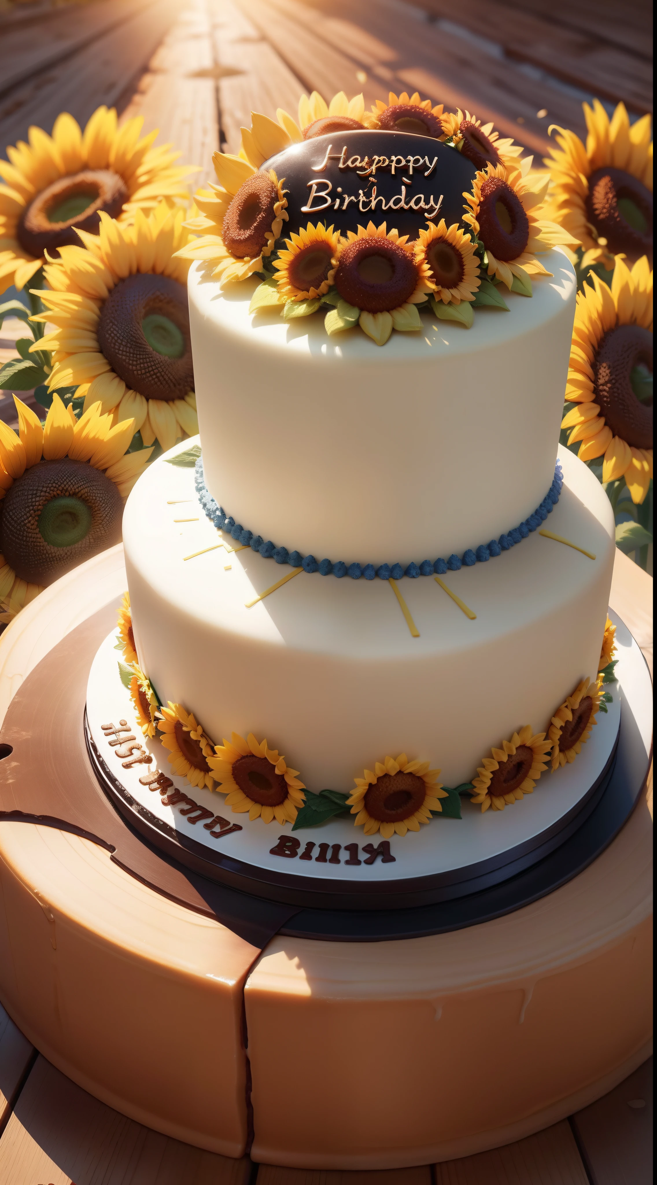 and the sun was shining brightly,Birthday cake in a sea of sunflower flowers,8K,Realistic and detailed。