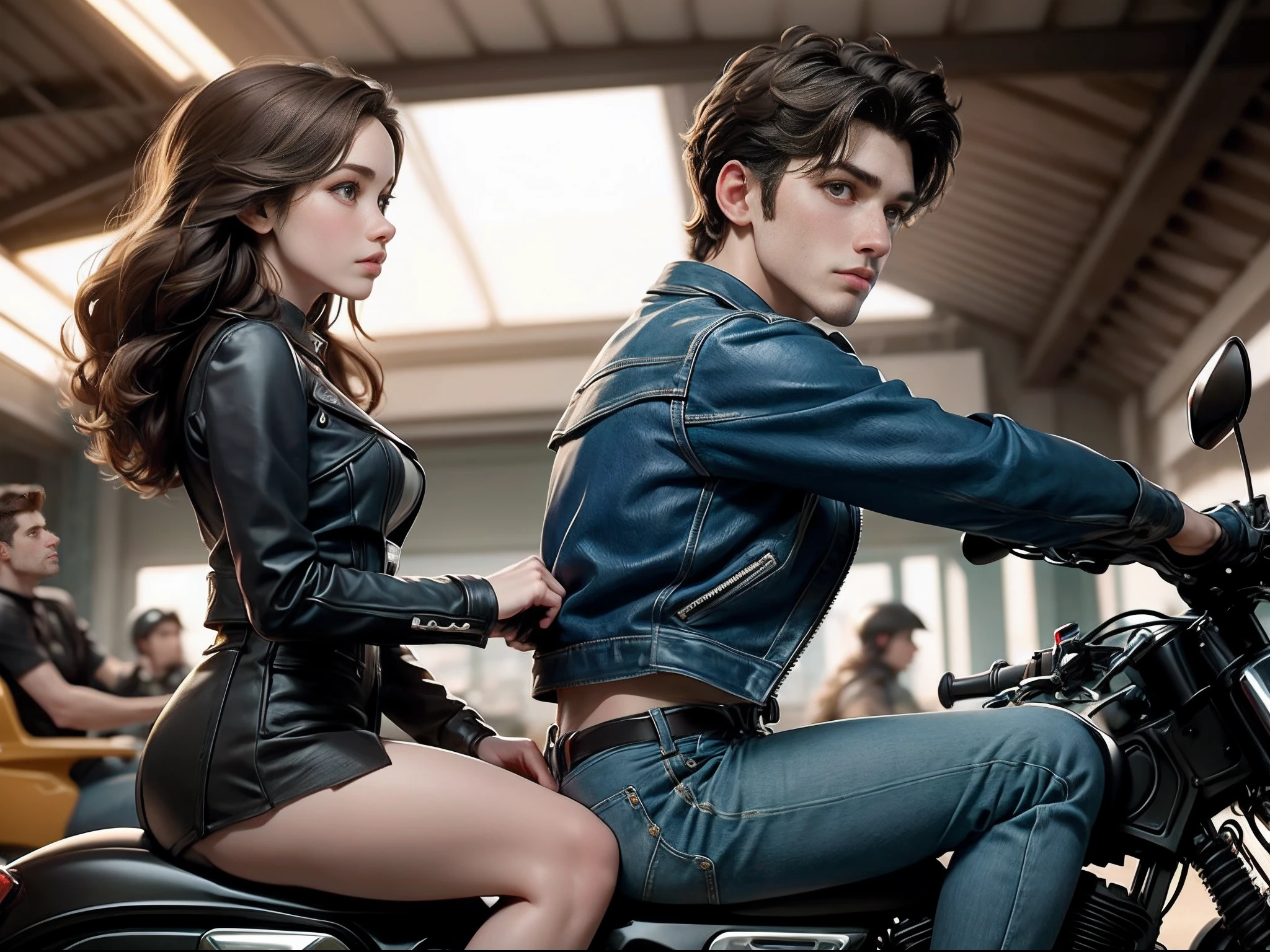 (Masterpiece, best quality, 8k), two people, one man and one women, riding one motorcycle, ((man riding women sitting behind)), side view